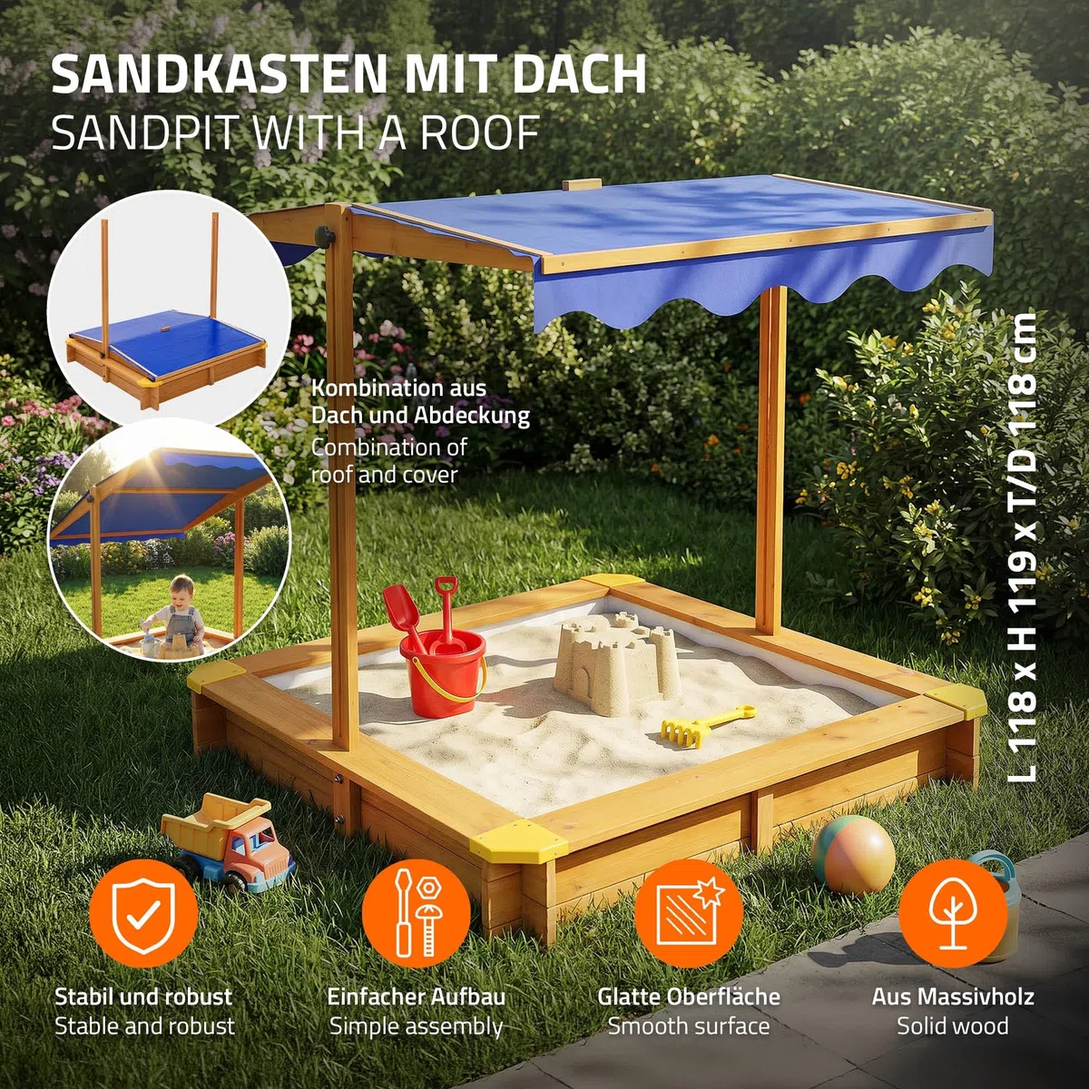 ML-Design Sabbiera con Tetto Regolabile 118x118 cm, in Legno Massello, Sandbox per Bambini con Copertura, Tessuto Base e Bordi Rinforzati, Protezione UV 50, Sabbionaia da Giardino, Gioco da Esterno