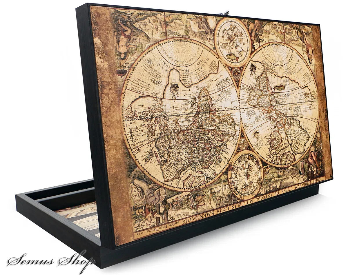 Trendy Backgammon Antique Map XXL – Gioco da tavolo pieghevole Backgammon in ecopelle antigraffio, 49 x 30 x 6 cm, con 30 pietre e 2 cubi – Marchio di qualità dalla Turchia