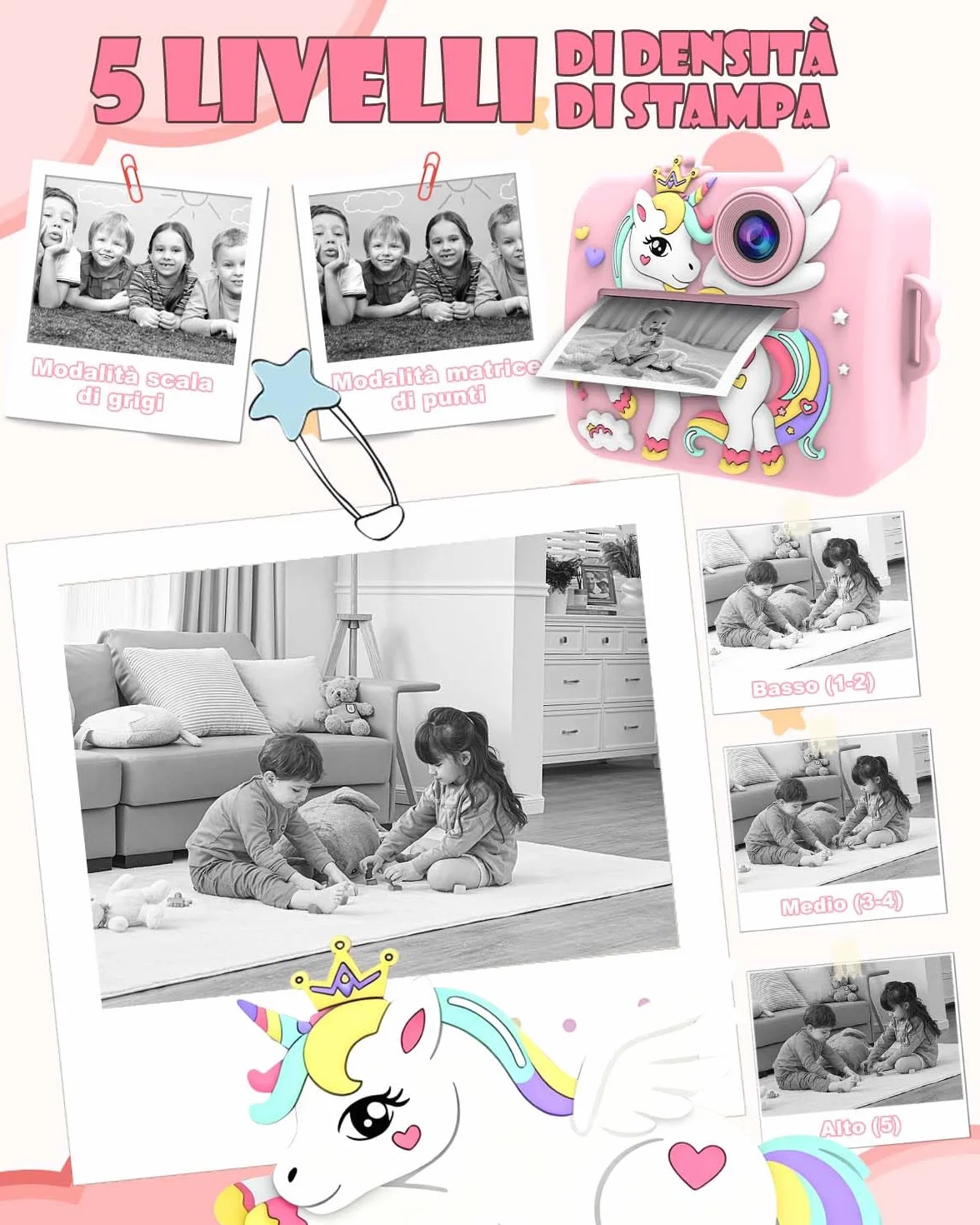 Macchina Fotografica Bambini Unicorno Istantanea, 2.4" Schermo, 1080P Video & 16X Zoom, Fotocamera per Bambini 32GB, Stampa Senza Inchiostro, Giochi, Musica, Regalo Ragazze 3-12 Anni