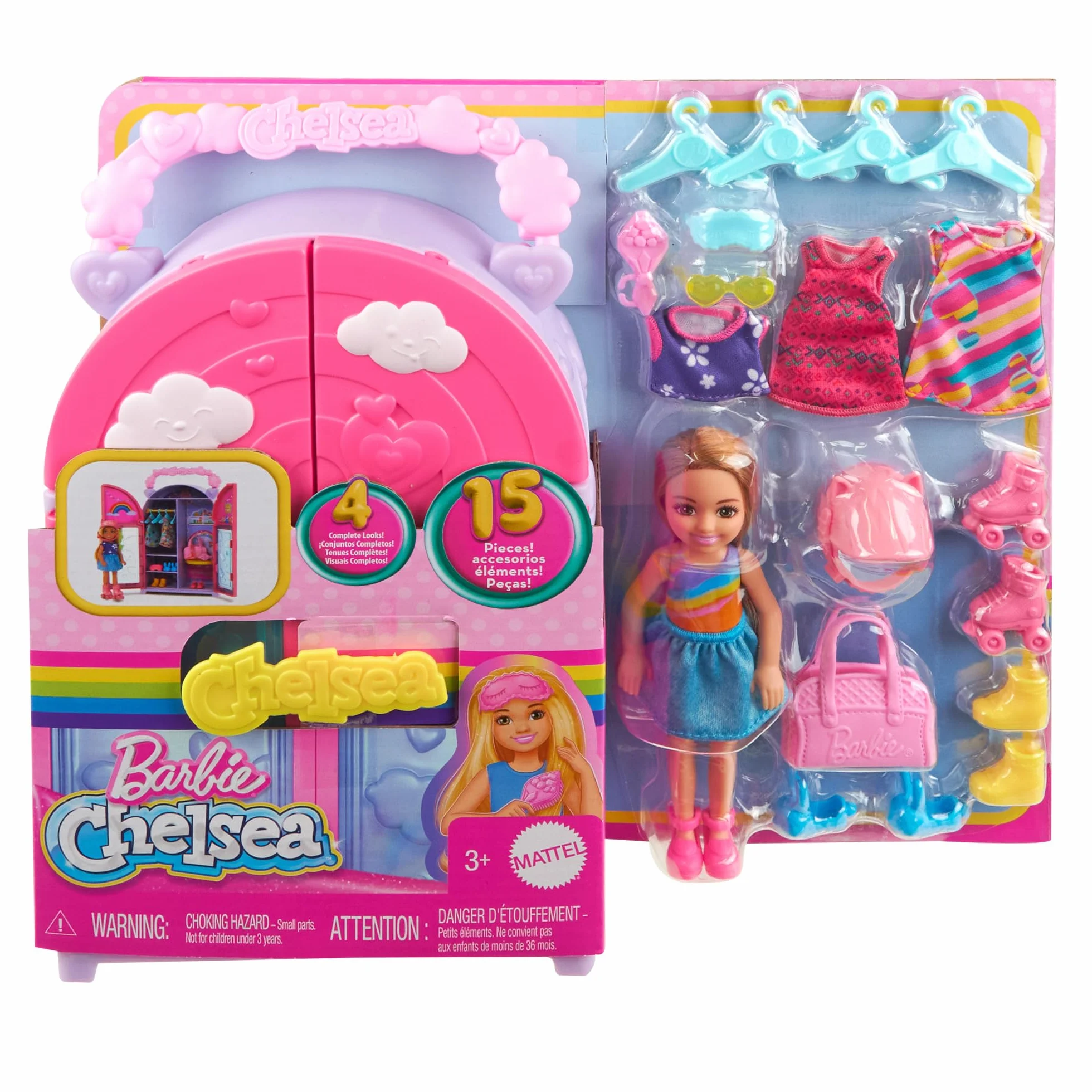 Barbie - Chelsea Playset Armadio, set pieghevole con bambola, armadio e vestiti, include 3 aree di gioco, 4 look completi e 15 accessori, giocattolo per bambini, 3+ anni, HXN03