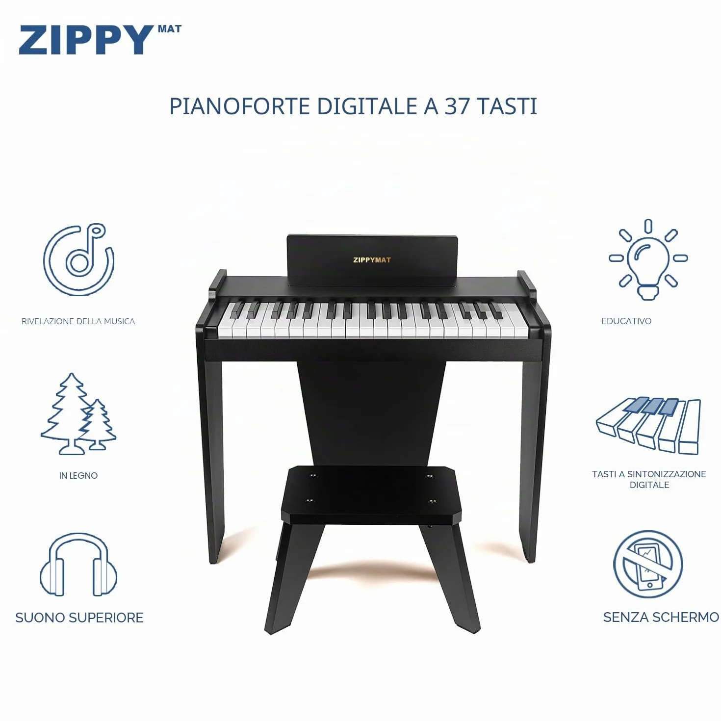 Tastiera per bambini, pianoforte digitale a 37 tasti per bambini, strumento educativo musicale, pianoforte in legno per 3+ ragazze e ragazzi (Nero Basic)