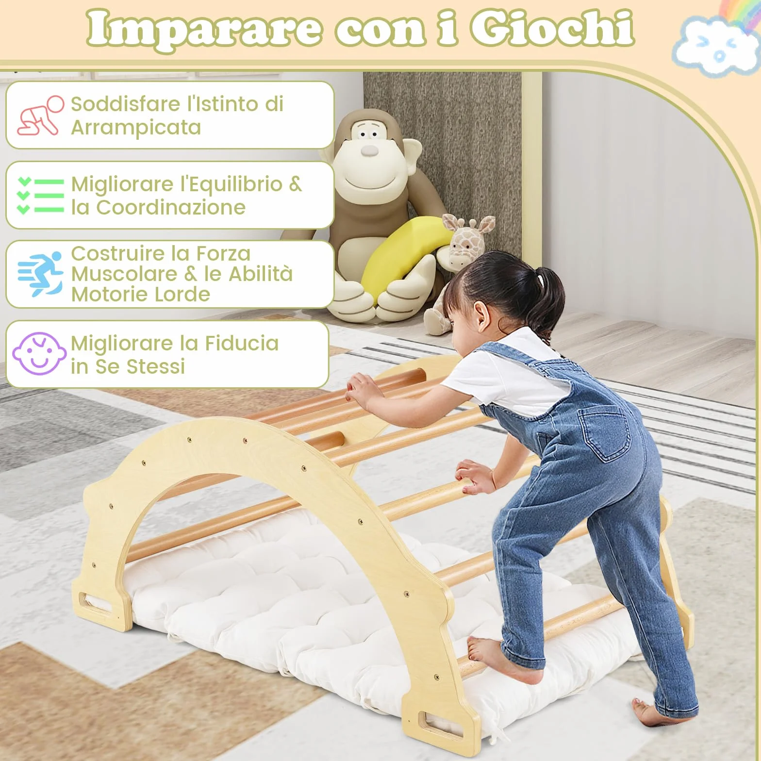COSTWAY Arco da Arrampicata per Bambini, 2 in 1 Altalena ad Arco in Legno con Cuscino Morbido, Doppia Faccia, Ideale per Bambini 1+ Anni (Naturale)