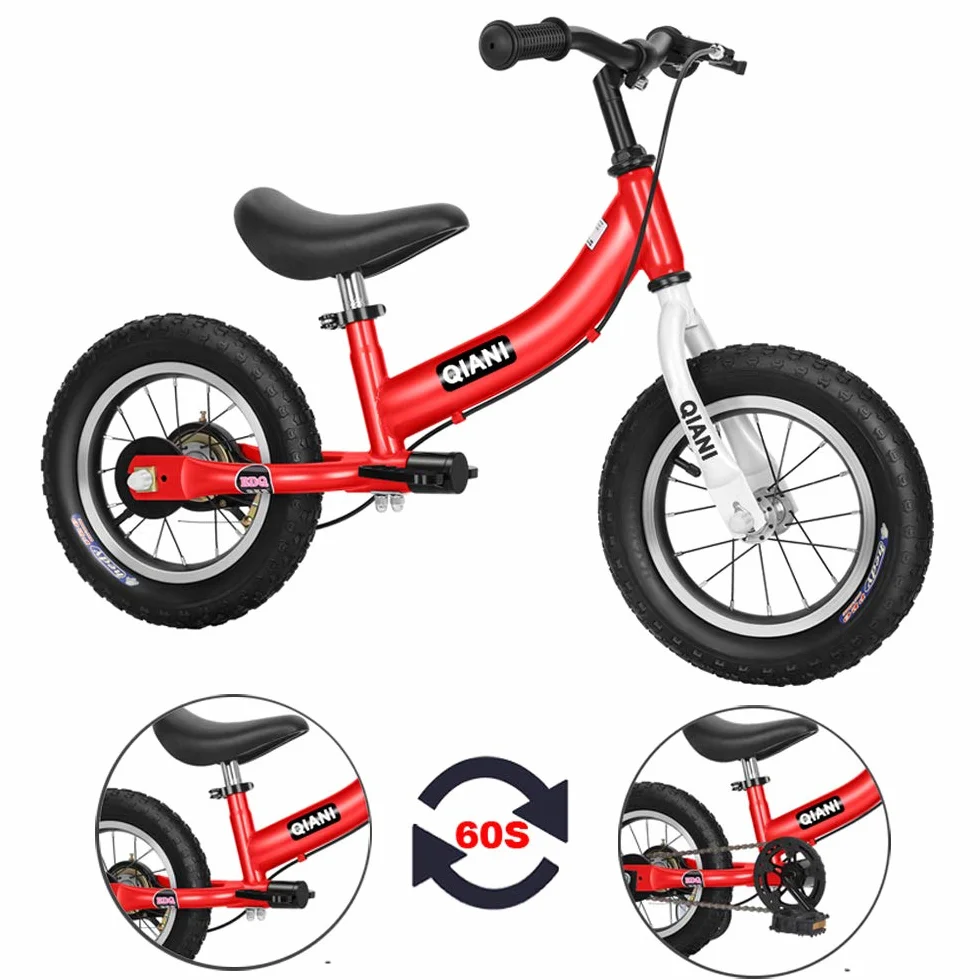 Qiani Bici Senza Pedali e biciclette bambini 2 in 1,per 2 a 7 Anni Bambini,con Freno,rimovibile pedali e Ruote Ausiliarie,12 14 16 pollici,Rosso Blu Rosa