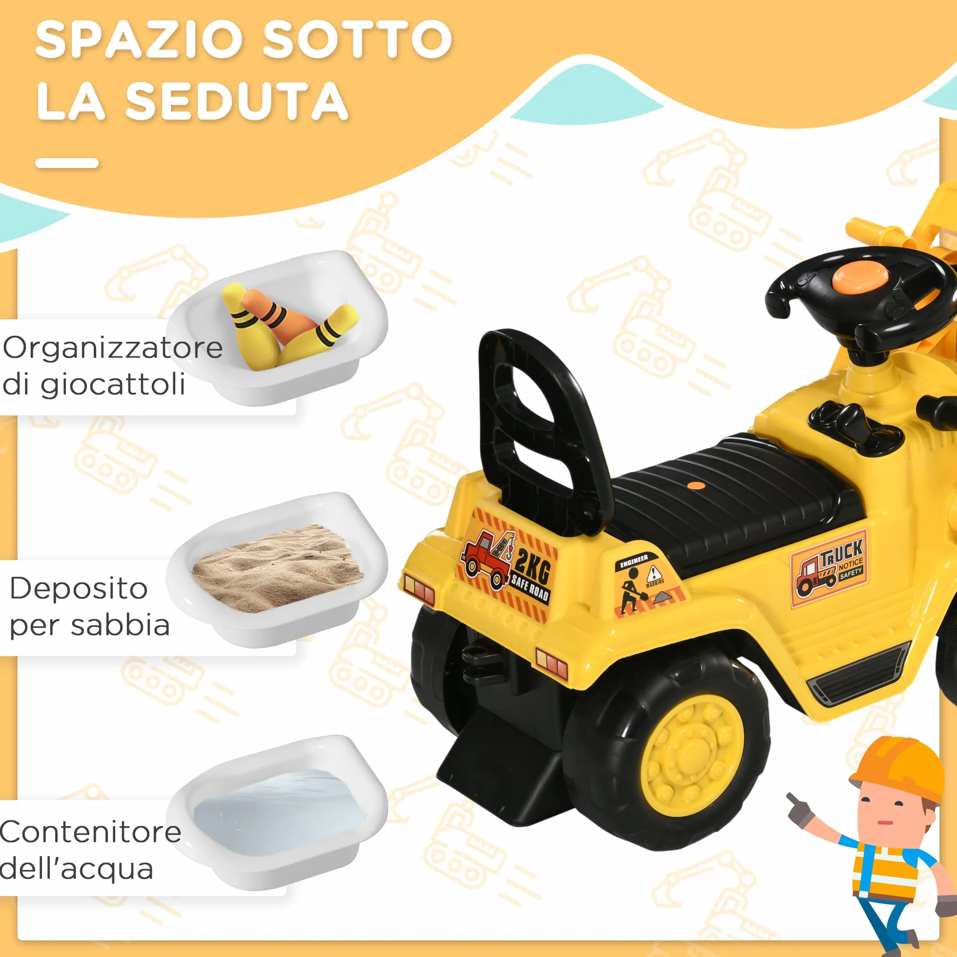 HOMCOM Escavatore per Bambini 2-4 Anni Manuale con Pinza, Pulsante per Suoni e Spazio Portaoggetti Nascosto, in PP e ABS, 83x27x39 cm, Giallo e Nero