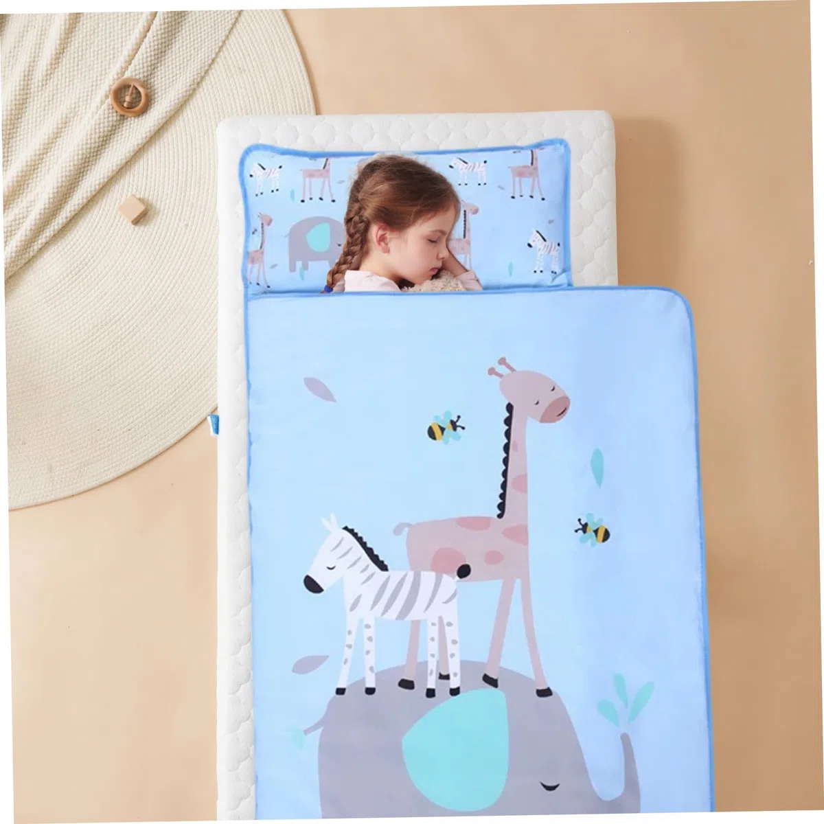 Tappetino per pisolino per bambini con cuscino, sacco a pelo portatile pieghevole da 49x20 pollici, comfort per animali dei cartoni animati, per la casa, la scuola materna, l'asilo nido