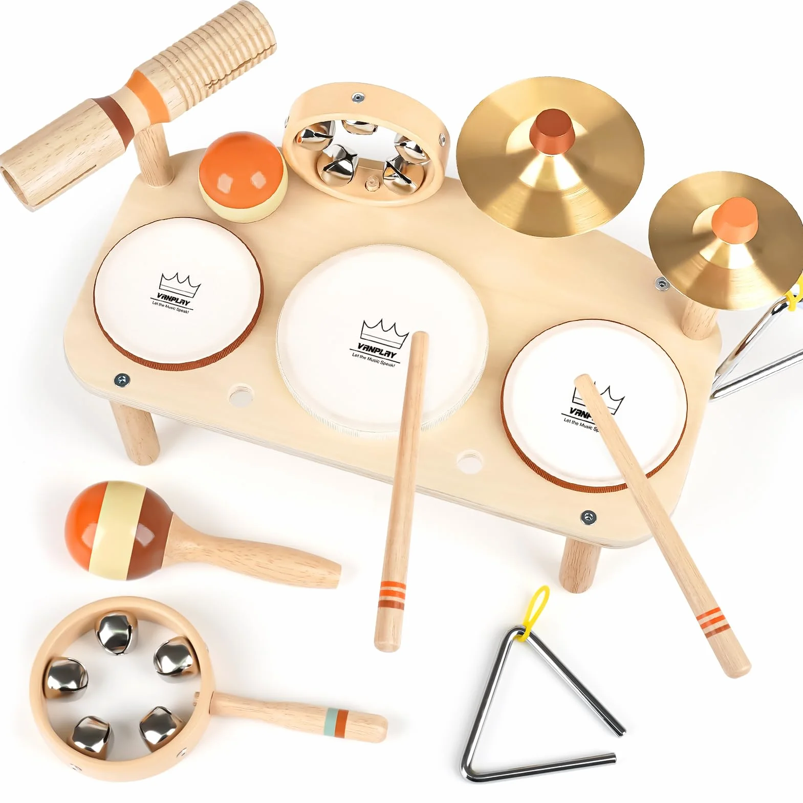 Vanplay Batteria in legno, strumenti musicali per bambini a partire da 1 anno con 3 tamburi e sonaglio a sonagli, tamburo giocattolo musicale per bambini, giocattolo Montessori da 1 anno