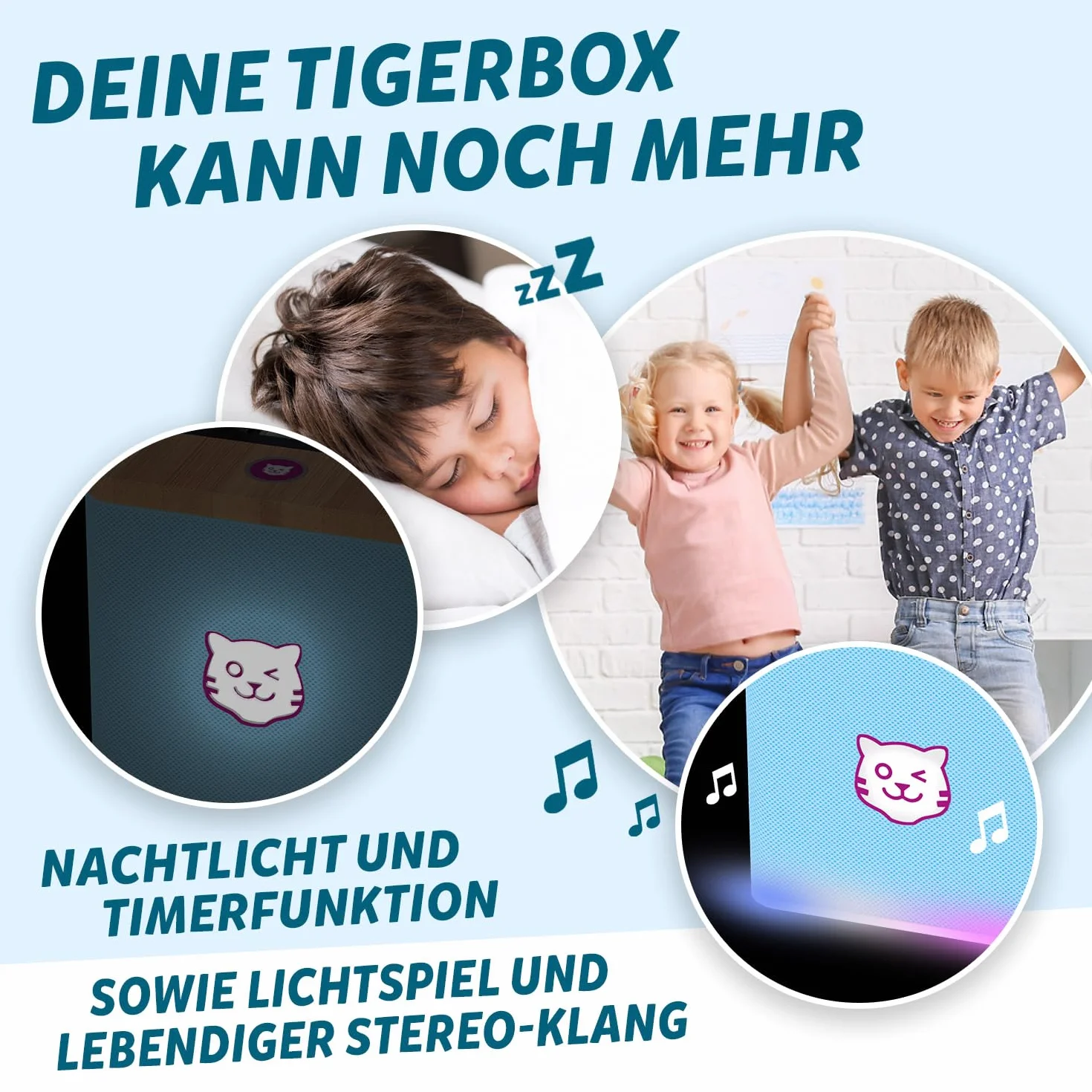 tigermedia tigerbox Touch Plus Miami Sky Azzurro | Audio Stereo per Bambini | Display Touch a Colori | con Luce Notturna | Connettore Cuffie Bluetooth | Batteria Extra Potente