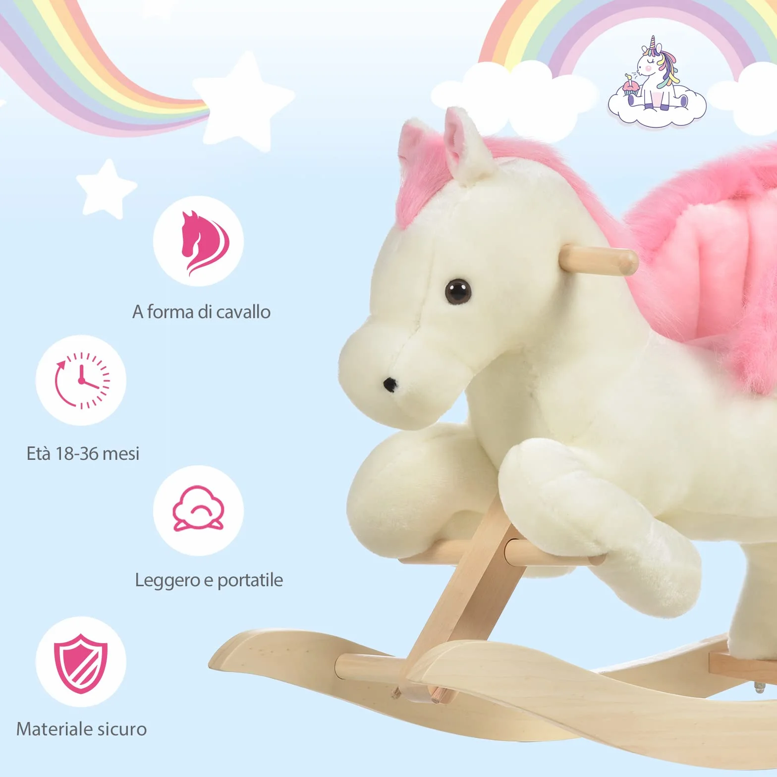 HOMCOM Cavallo a Dondolo Bianco e Rosa con Suoni e Struttura in Legno di Pioppo per Bambini 18-36 Mesi, 70x28x57cm