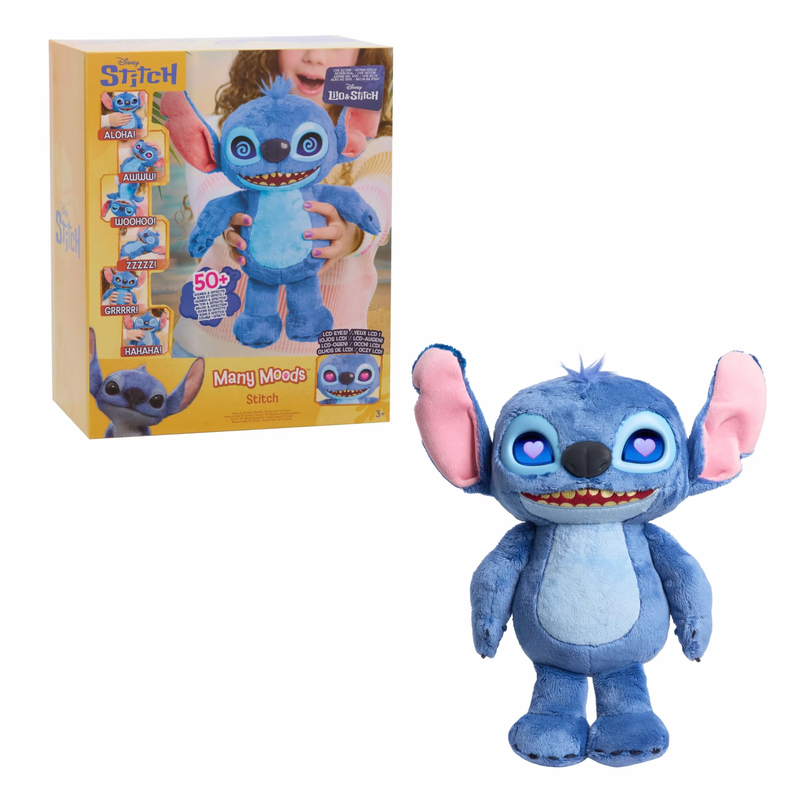 Disney Stitch Many Moods Peluche Interattivo 34,3 cm 50+ Suoni Frasi Schermo LCD Espressivo Giocattolo Bambini 3+