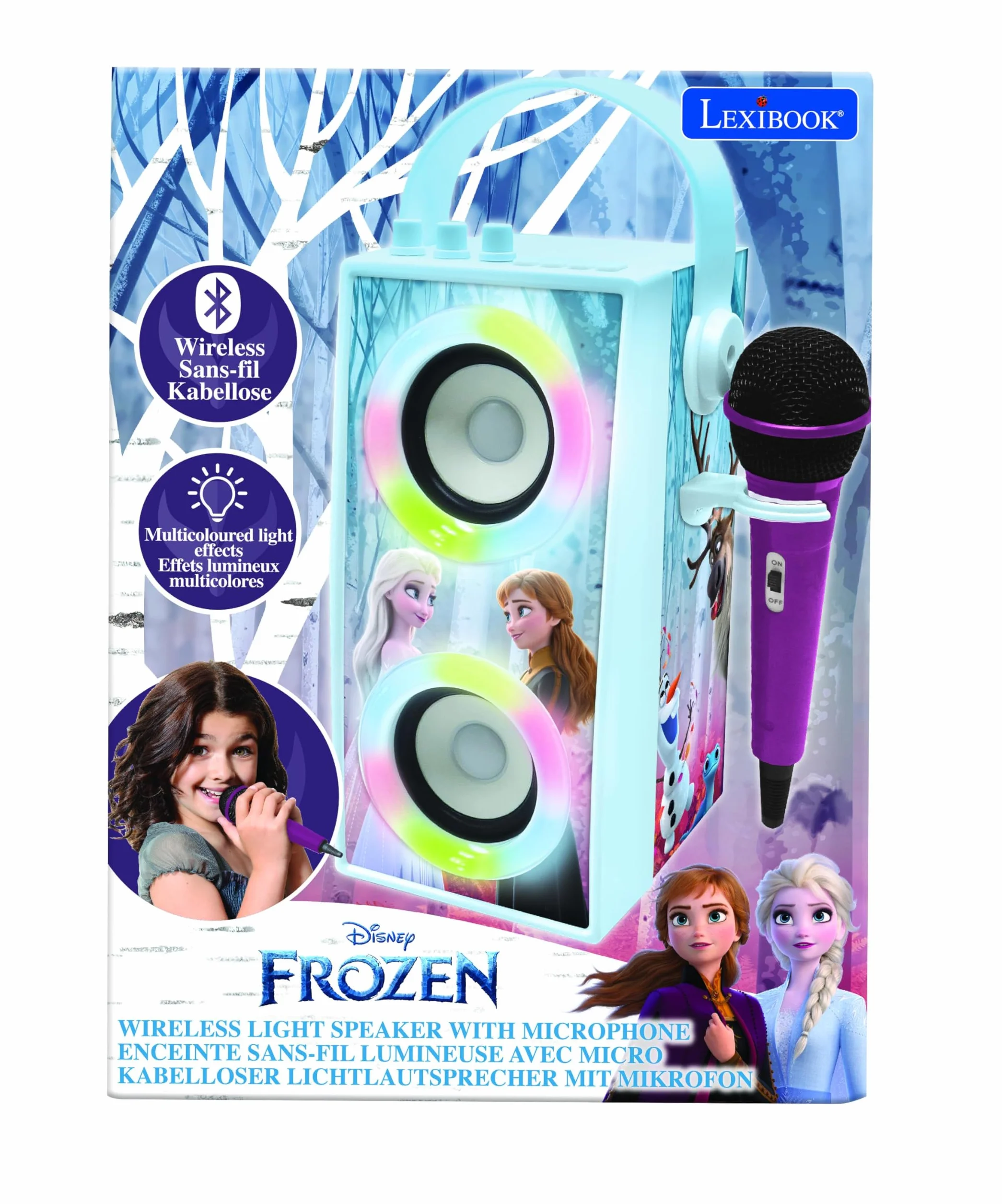Lexibook Disney Frozen Altoparlante Bluetooth portatile con microfono, karaoke, luce, USB, batteria ricaricabile, blu/viola, BTP180FZZLXB