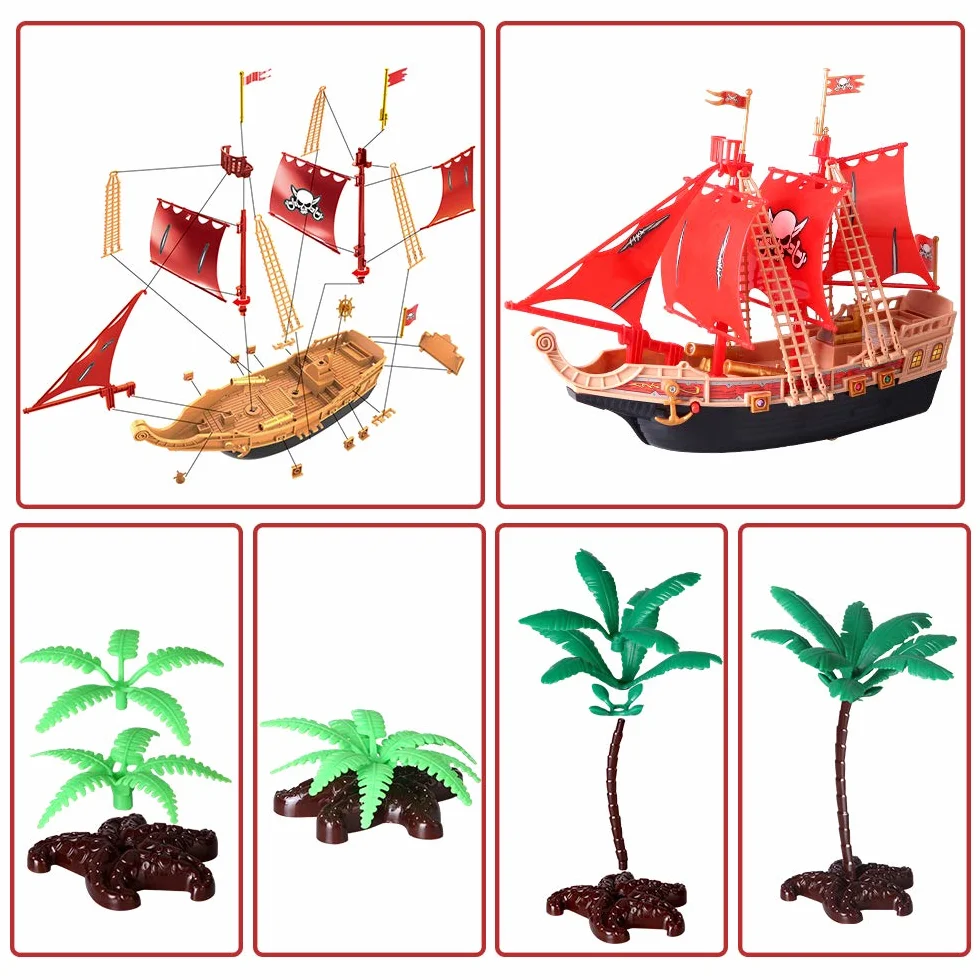 Bambini Pirate Ship Adventure Giocattoli Con Plastica Action Figures Pirate Vessel Playset con Squalo, Barca, Cannone, Alberi e Altri Accessori Regalo Educativo per Ragazzi Ragazze 3 4 5 6 7 8 Anni