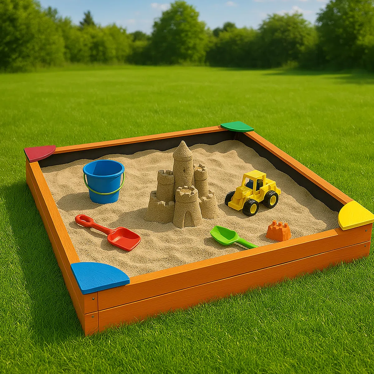 Bestlivings Sabbiera con copertura 90 x 90 x 16 cm, sandbox in legno con telone contro erbacce e coleotteri, cassetta con angoli colorati per il giardino