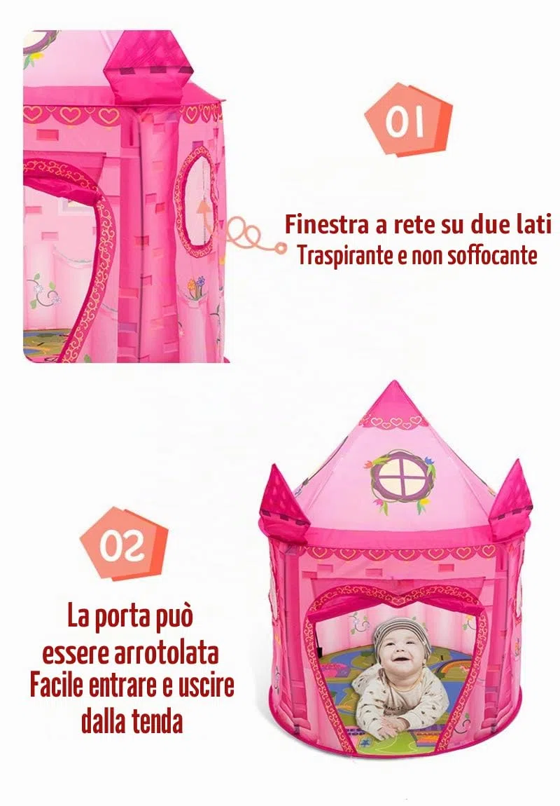 Tenda per bambini castello rosa da interno, pieghevole capanna da gioco