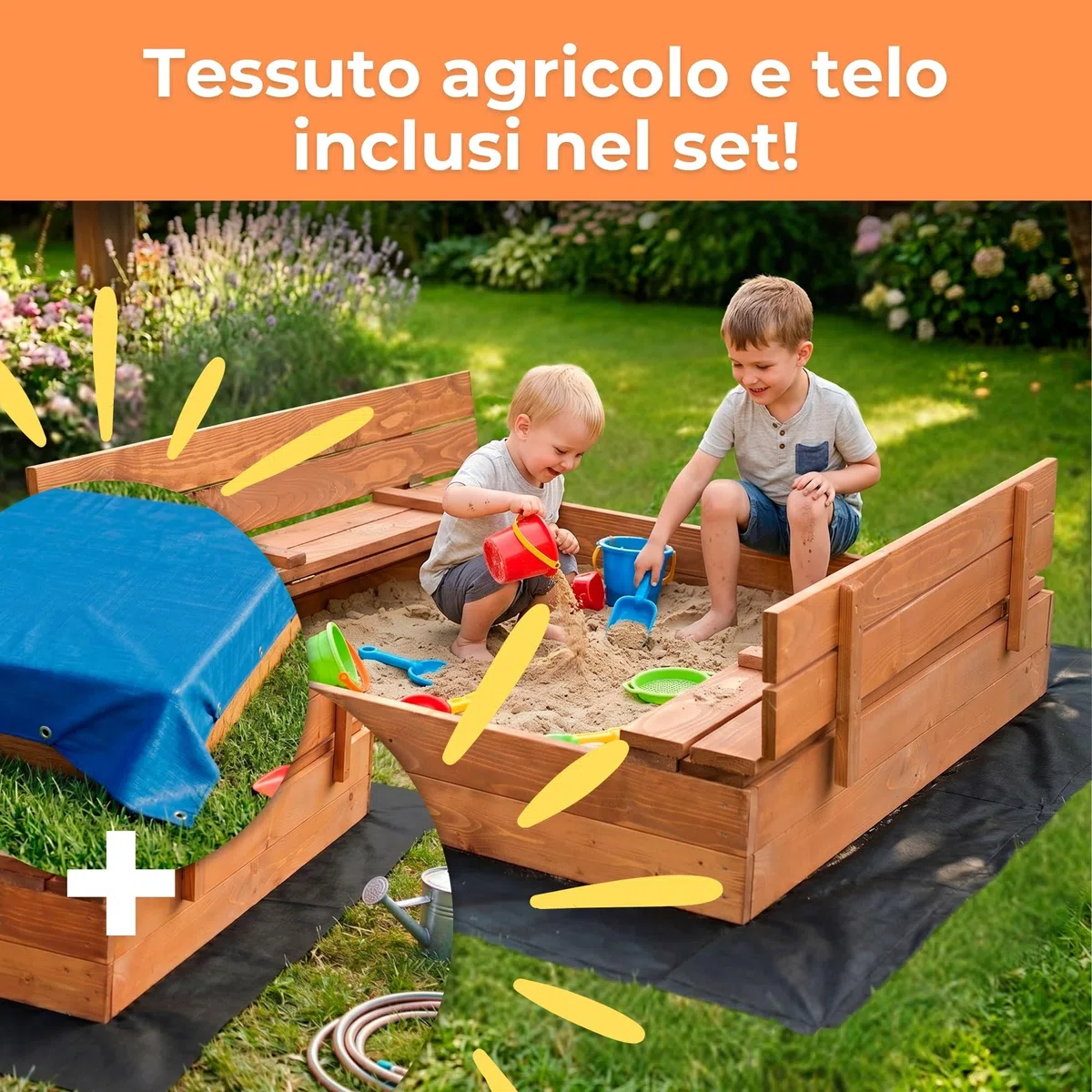 Springos Sabbiera in legno 120 x 120 cm, impregnazione ecologica a base d'acqua, bordi arrotondati, inclusi geotessile e telone, tavole stabili da 18 – 20 mm, montaggio fai da te, prodotta in Polonia