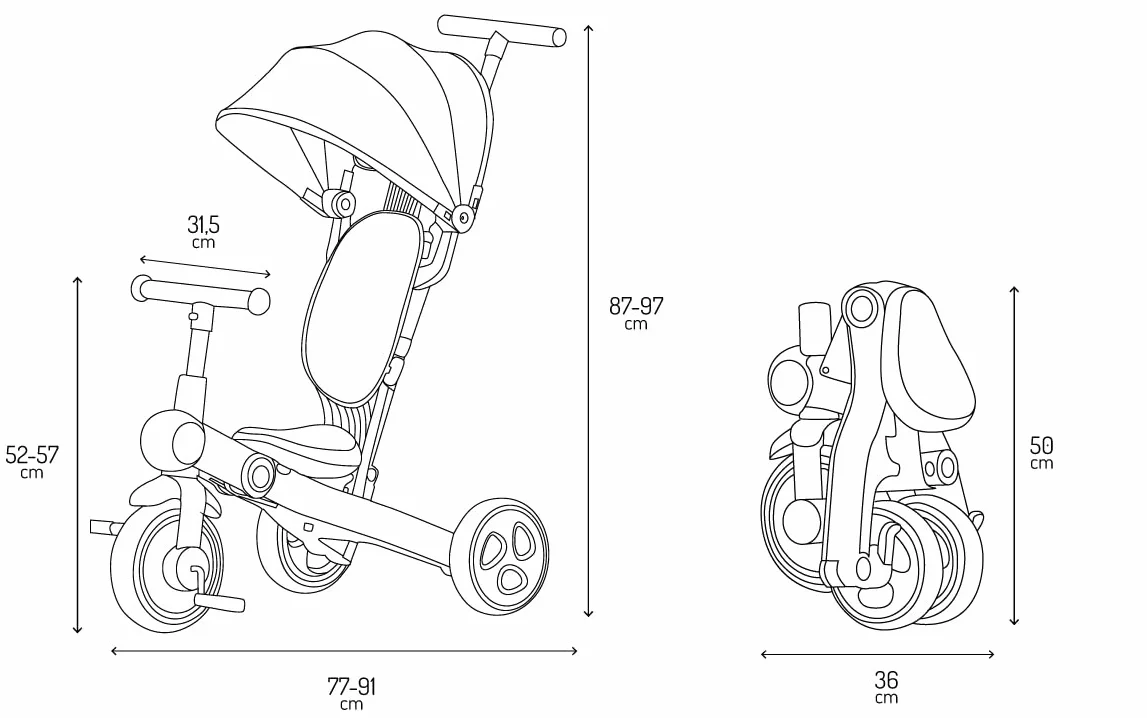 Triciclo per bambini MoMi 4in1 SOLIVIA con manubrio telescopico, cinture di sicurezza a 5 punti, per bambini a partire da 12 mesi, con capottina parasole, ruote in PU, borsa e portabicchiere