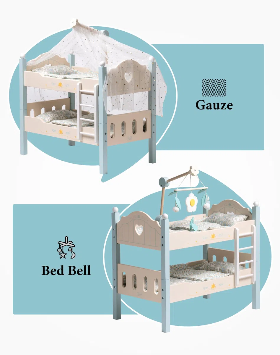 ROBOTIME Letto a castello per bambole in legno da 18", lettino per bambole trasformabile con scaletta e biancheria da letto, culla per bambole impilabile, regalo perfetto per bambini, blu