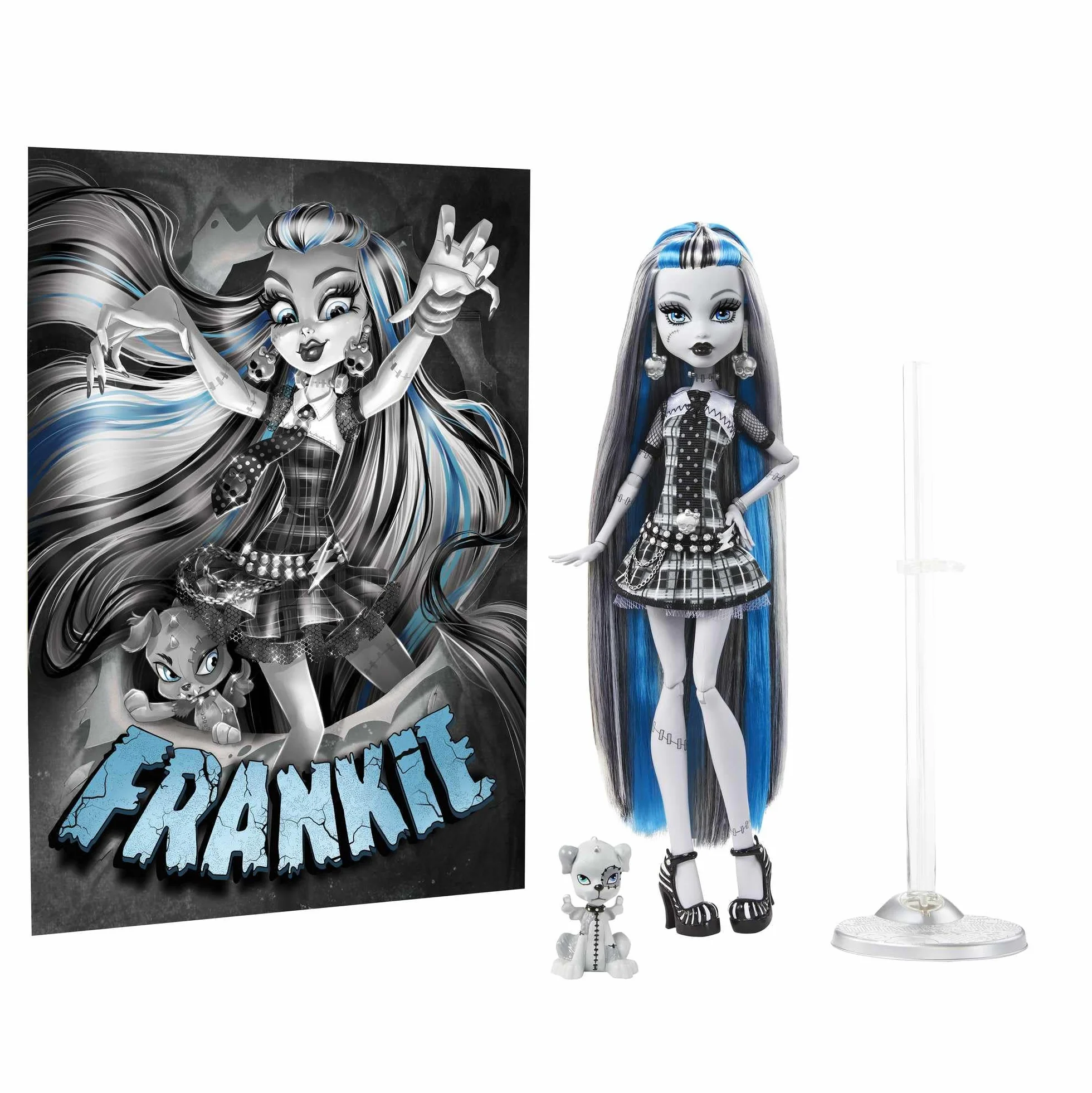 Monster High Reel Drama - Frankie Stein, bambola da collezione in stile bianco e nero con accessori, poster cinematografico a tema film dell'orrore incluso, giocattolo per bambini, 6+ anni, HKN29