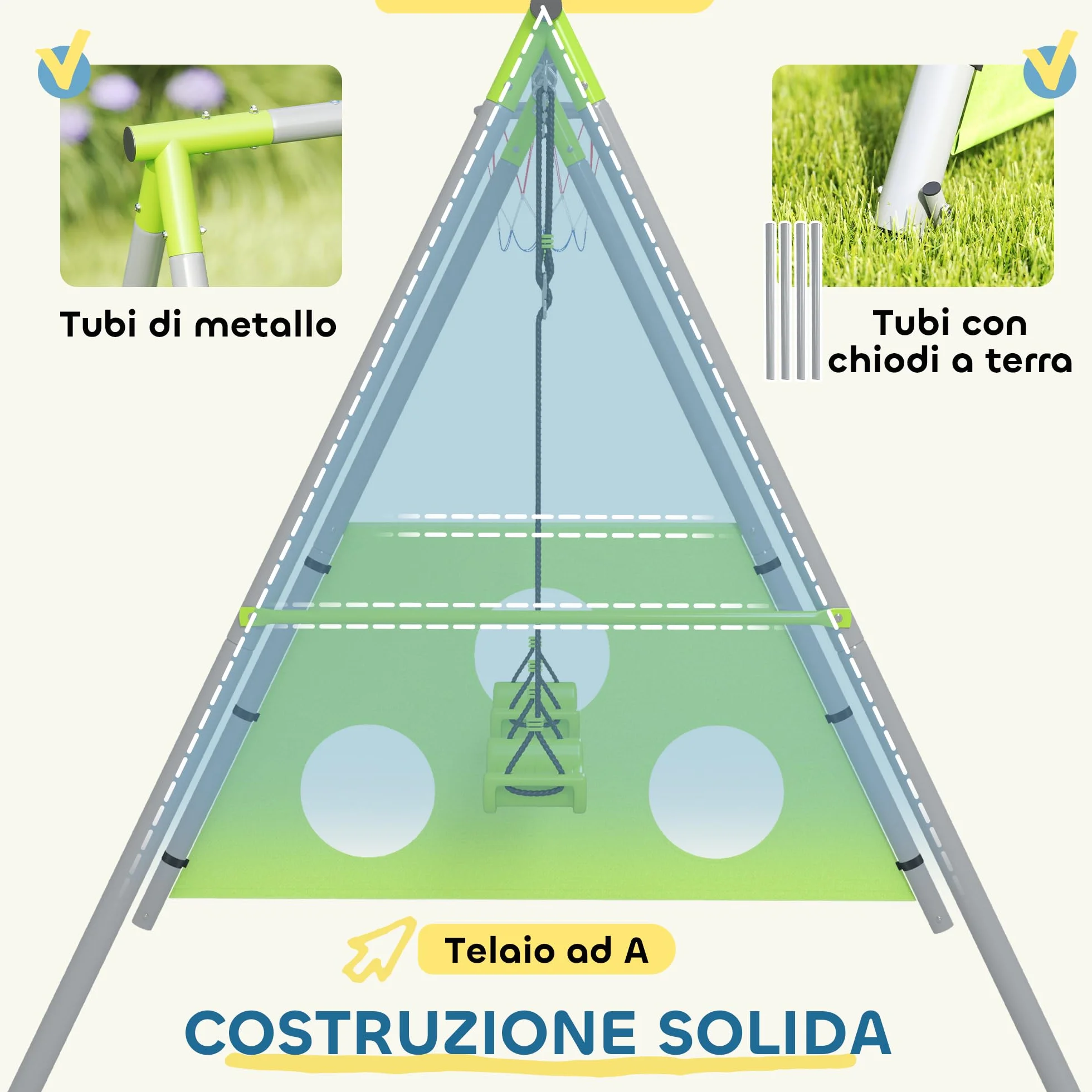AIYAPLAY Set Altalena da Giardino per Bambini 3 in 1 con Altalena per Bambini, Canestro da Basket e Porta da Calcio, Gioco per Bambini 3-8 Anni con Telaio ad A in Metallo per Uso Esterno, Carico 90kg
