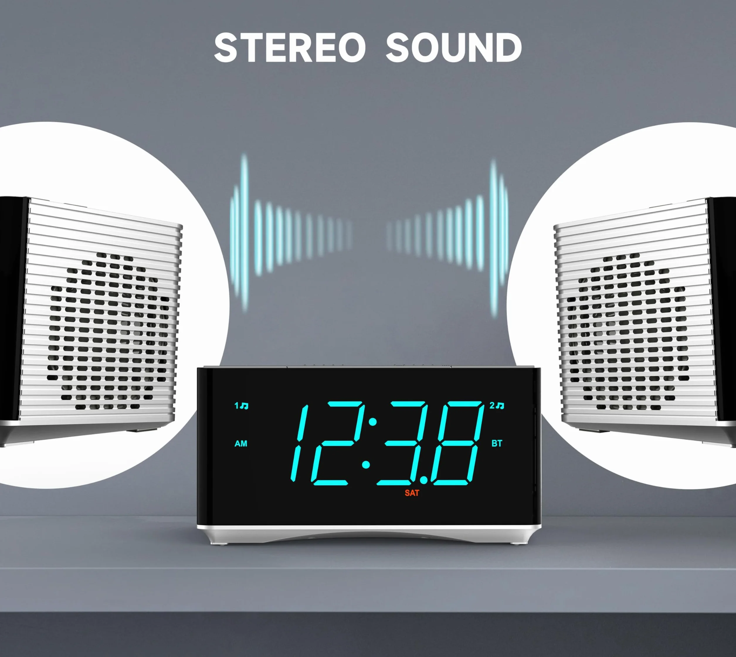 iTOMA Sveglia radio-altoparlanti stereo Bluetooth, radio FM, doppia sveglia, snooze, dimmer di luminosità, ricarica USB, sveglia per camera da letto ufficio 3501