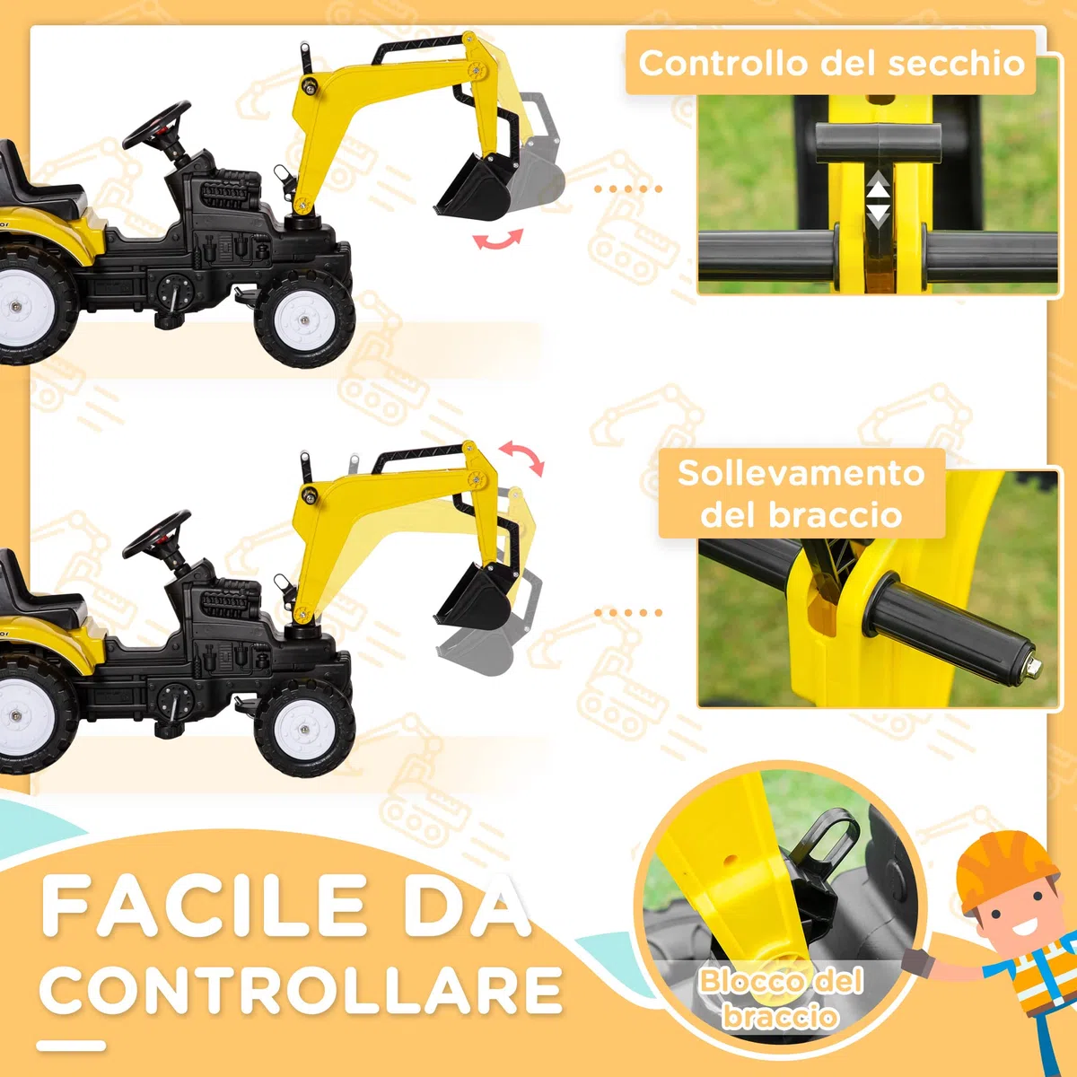 HOMCOM Ruspa Giocattolo Cavalcabile a Pedali per Bambini 3-6 Anni, Escavatore con 4 Ruote, Acciaio e Plastica, 107x42x71 cm, Giallo