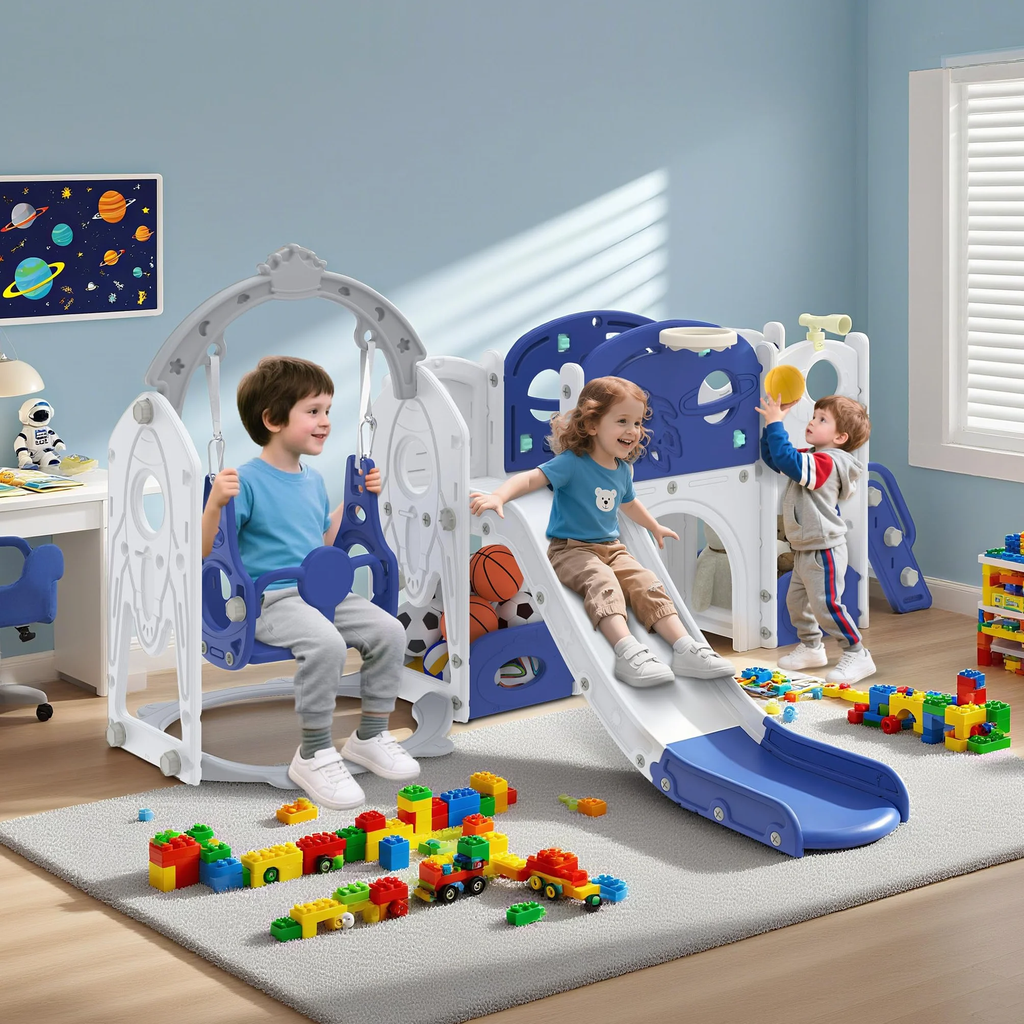 Froadp Scivolo 9 in 1 per bambini a partire da 1 anno, per interni ed esterni, in HDPE e PP, con altalena, scaletta da arrampicata, tunnel, spazio di archiviazione, cestino da basket e telescopio da
