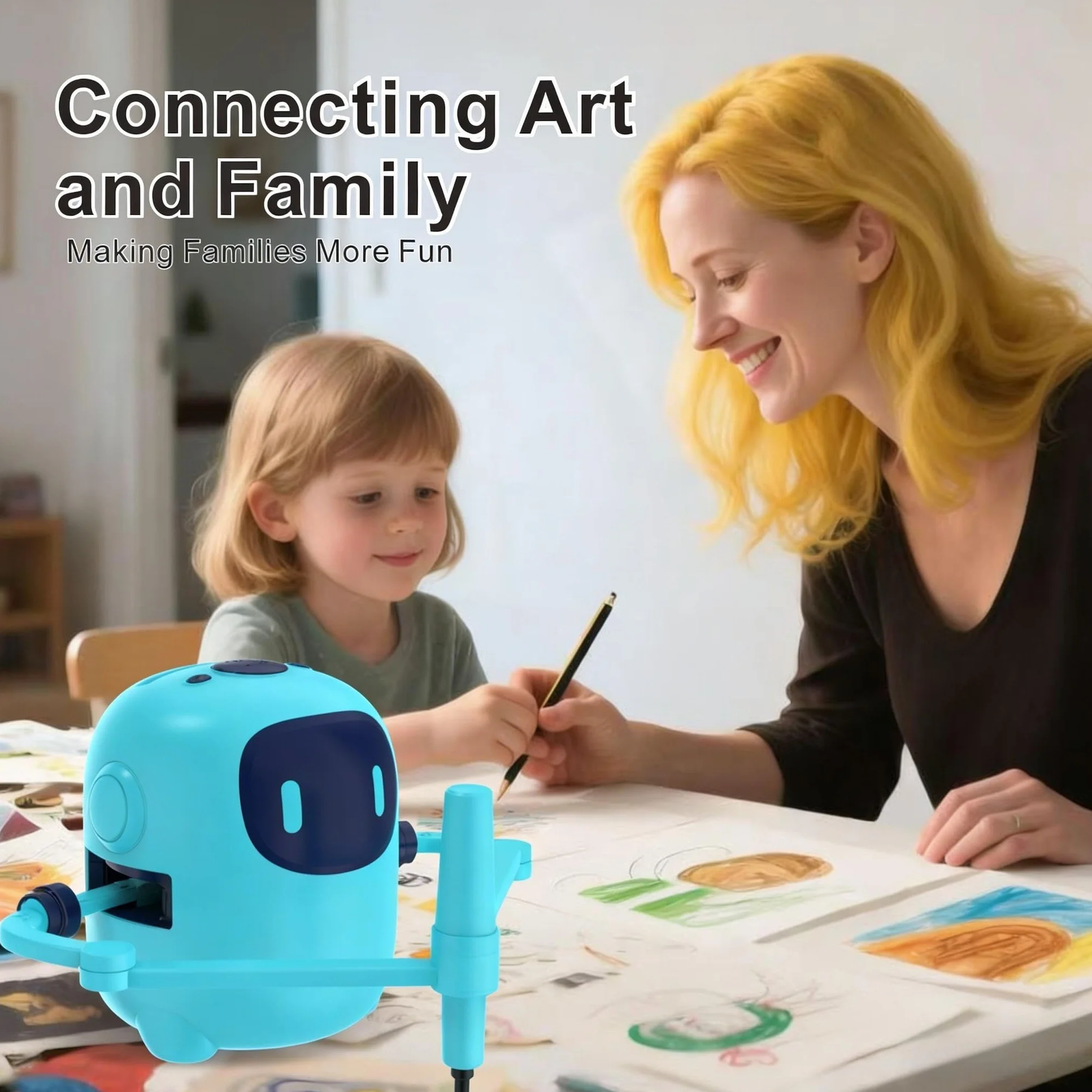 Robot da disegno per bambini con 150 carte, macchina da disegno educativa interattiva vocale, giocattoli didattici Montessori per 5+ anni festa di compleanno per ragazzi e ragazze (Blu)