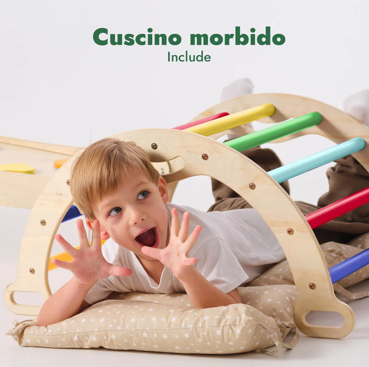 Set Montessori 5-in-1 per arrampicata: triangolo da arrampicata, arco con cuscino e scivolo per bambini 1-3 anni