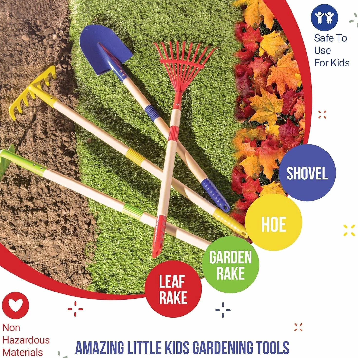LATERN 6 Pezzi Attrezzi da Giardinaggio per Bambini, 71CM Metallo Grandi Pala Rastrello Zappa Foglie Rastrello con Manico in Legno, Annaffiatoio, Guanti - per Esterno Giardino Cortile Scavare Giocare