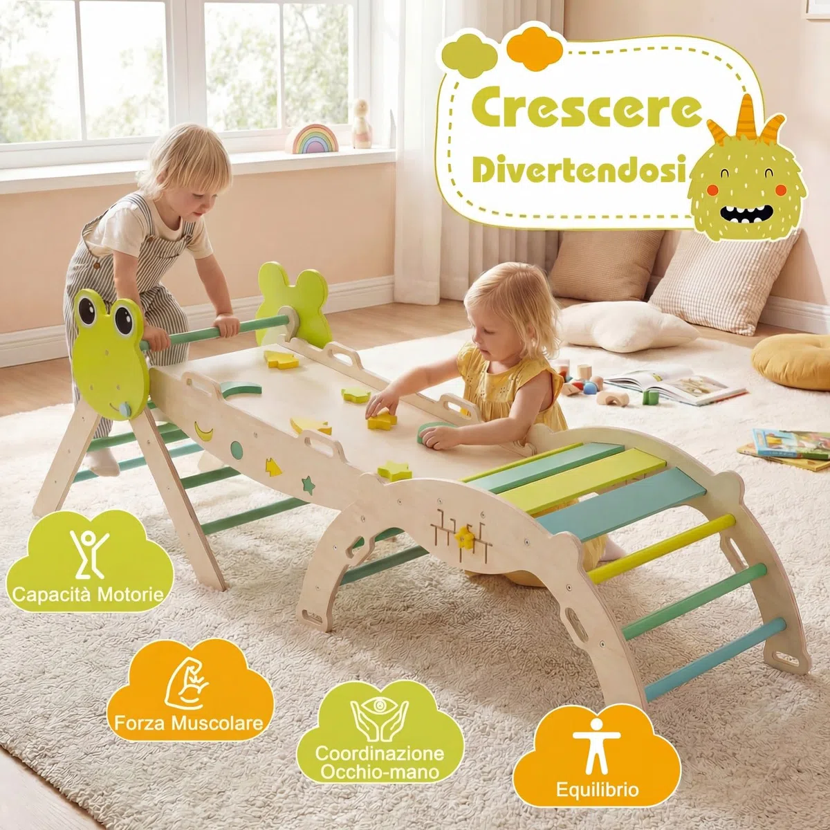 Relax4Life Triangolo di Arrampicata per Bambini con Scivolo e Arco, Gioco Montessori in Legno 1+ Anni, 3 Pezzi Verde