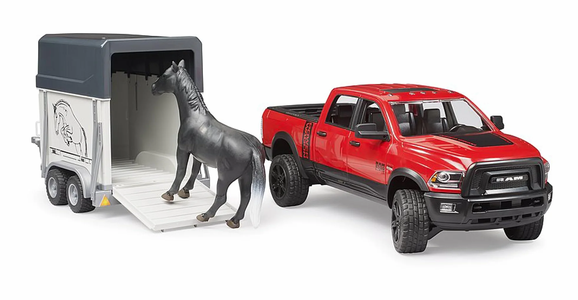 Bruder 02501 RAM 2500 Power Wagon z Przyczepą dla Koni i Koniem, Terenowy Transporter Zwierząt