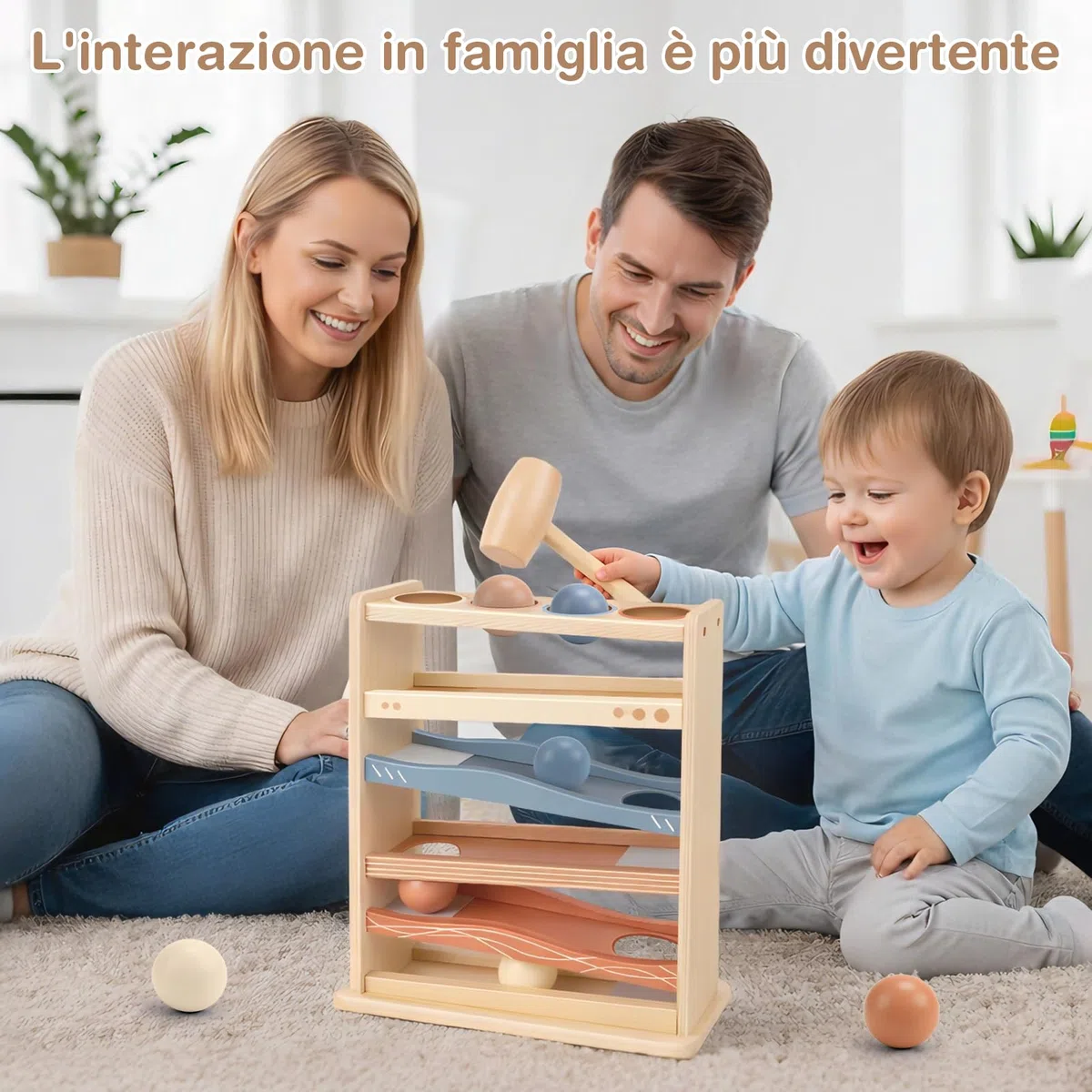 Vanplay Pista Biglie Legno Bambini 1 Anno Gioco Martello 4 Palline Giocattolo Montessori