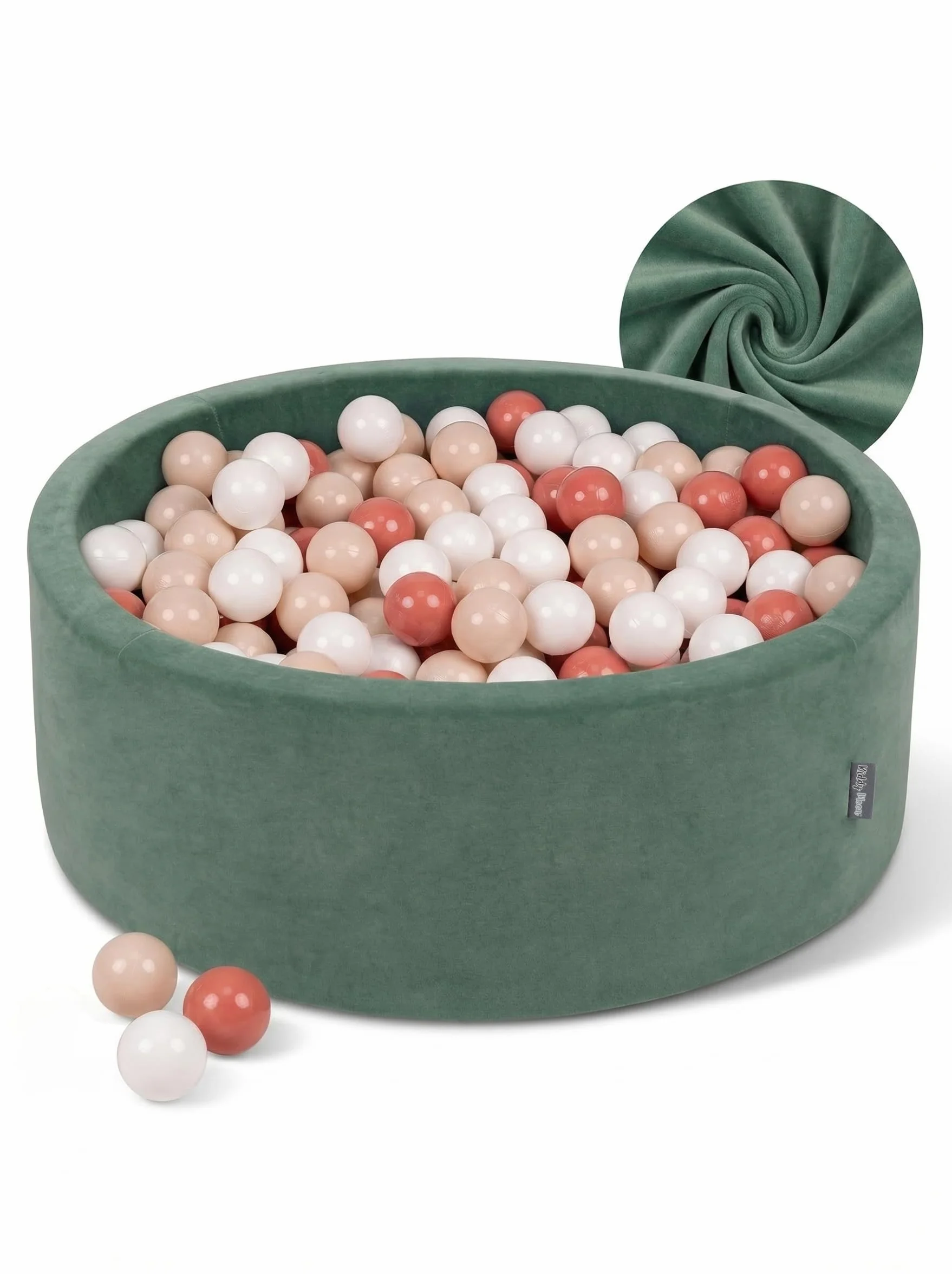 KiddyMoon Velluto Piscina di Palline 90X30cm/300 Palline ∅ 7CM per Bambini Tondo Fabbricato in EU, Velluto Verde: Beige Pastello/Salmone/Bianco
