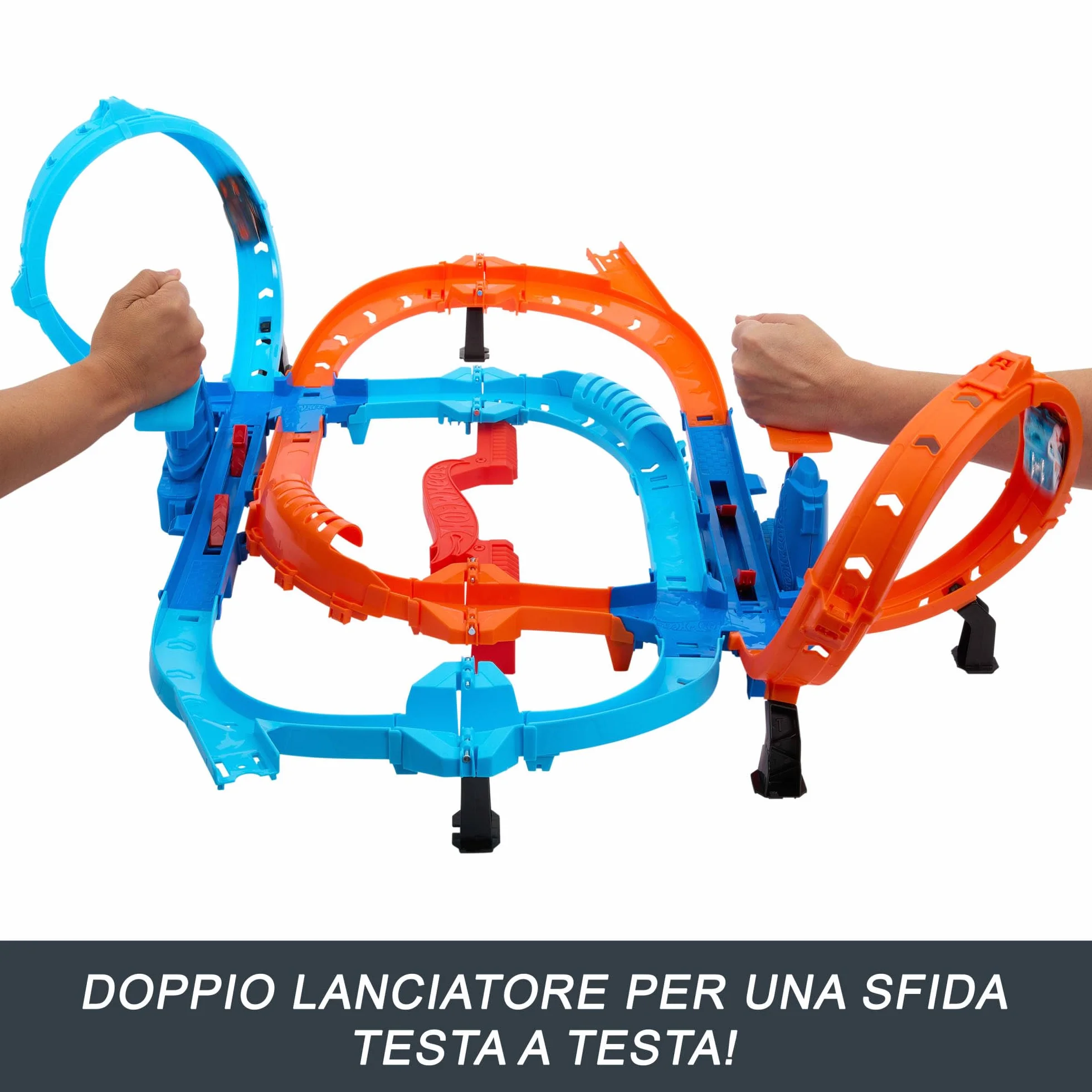 Hot Wheels Ultra Hots - Sfida Turbo Lanci, playset pista con 2 lanciatori azionabili, loop, incroci e zone di scontro, 2 macchinine incluse, giocattolo per bambini, 4+ anni, HXR71