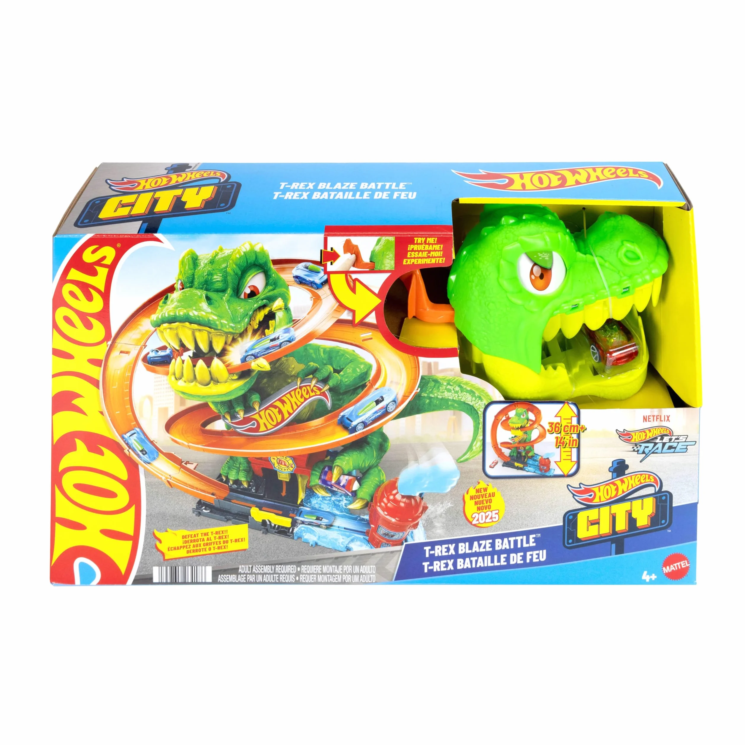 Hot Wheels City - T-Rex Battaglia Infuocata, playset stazione dei pompieri con dinosauro occhi rotanti e pista per gareggiare, camion dei pompieri incluso, giocattolo per bambini, 4+ anni, JBM73