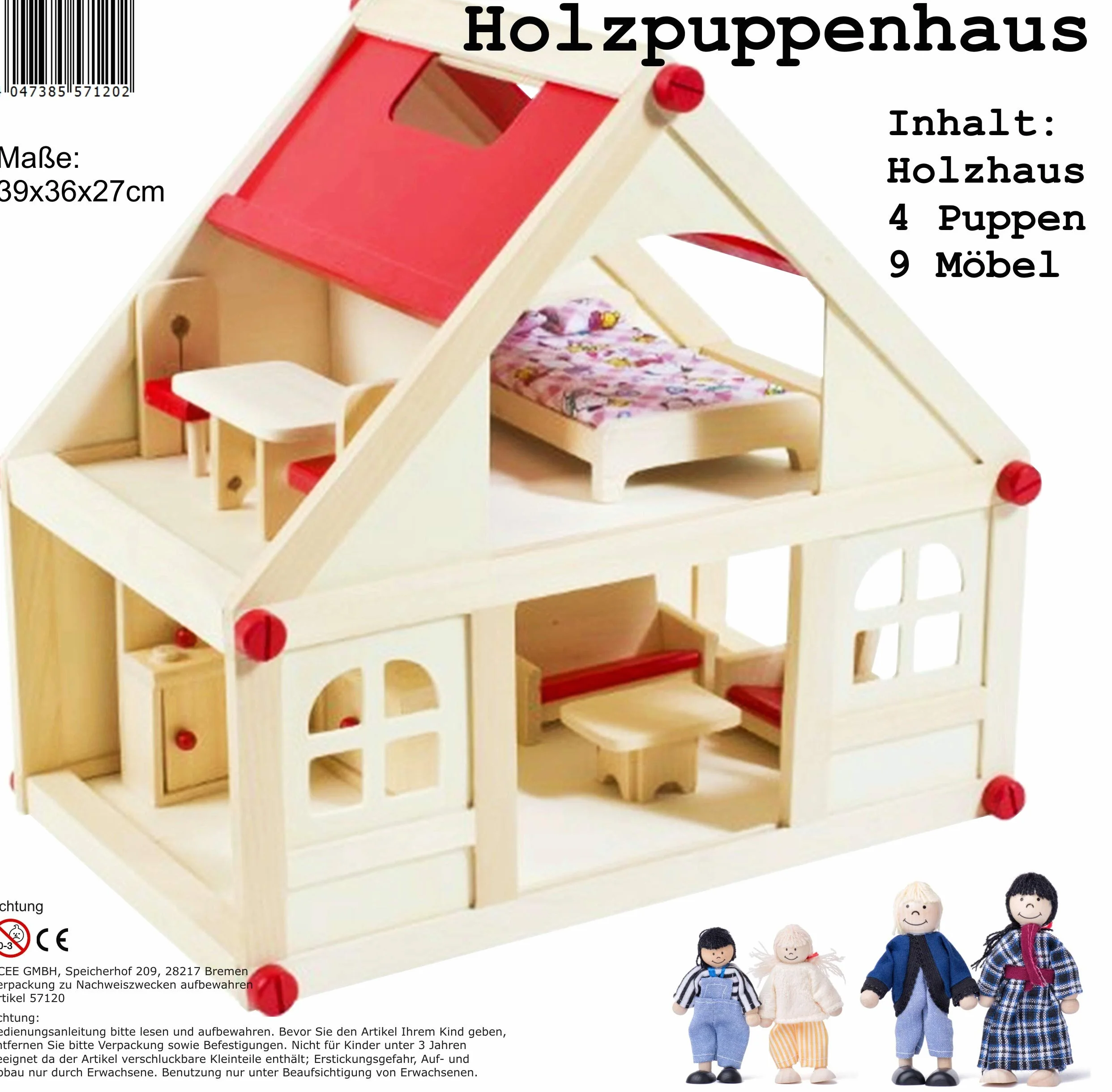Izzy Casa delle bambole in legno con 2 piani, 4 bambole e 9 mobili | Maniglia per il trasporto (casa delle bambole per bambini con 2 piani, mobili e accessori) - (38 x 27 x 39 cm)