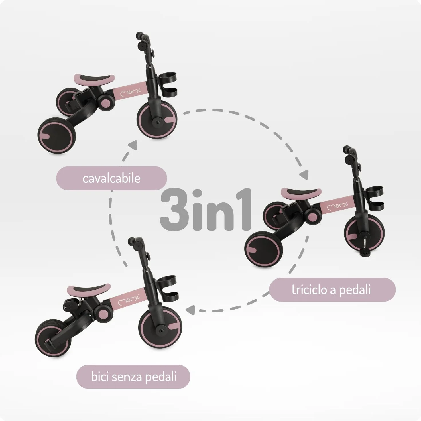 MoMi FILO 3in1 Triciclo Evolutivo per bambini 1-3 anni - Bici Senza Pedali Pieghevole, sella regolabili, pedali rimovibili - Tricicli con portabicchiere e ruote in EVA
