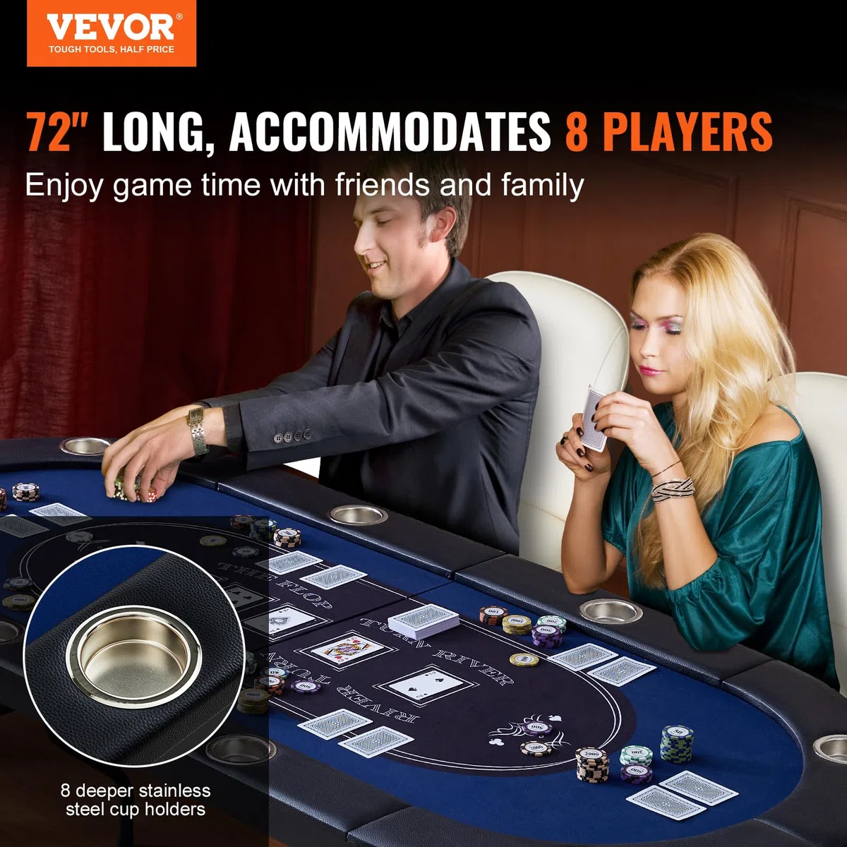 VEVOR Tavolo da Poker per Gioco Gambe per Tavolo Pieghevoli 1830 x 820 x 720 mm, Tavolo da Poker Pieghevole, Piano da Poker Nero e Blu Pieghevole 8 Giocatori ca., Tavolo Poker Copertura Antipolvere