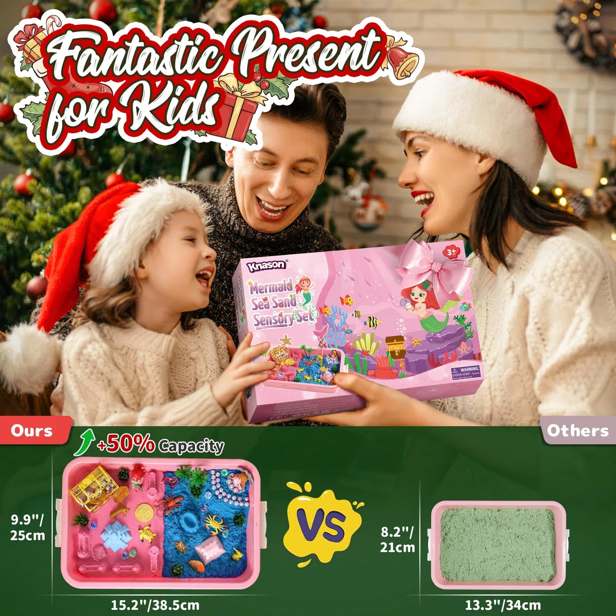KNASON Sabbia Giocattolo Bambini Sirena,Sabbia Magica Giocattolo con 1KG di Sabbia Colorata,Scrigno del Tesoro e Cassetta Della Sand,Regalo di Natale per bambini di 3 4 5 6 7 8 anni