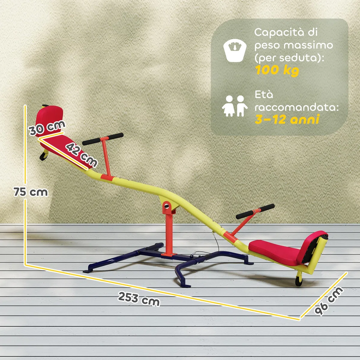 AIYAPLAY Altalena Bilico Bambini Girevole 360° 200kg 2 Posti Maniglie Antiscivolo Sedili Imbottiti Schienale Ruote Dondolo Esterno 253x96x75 cm