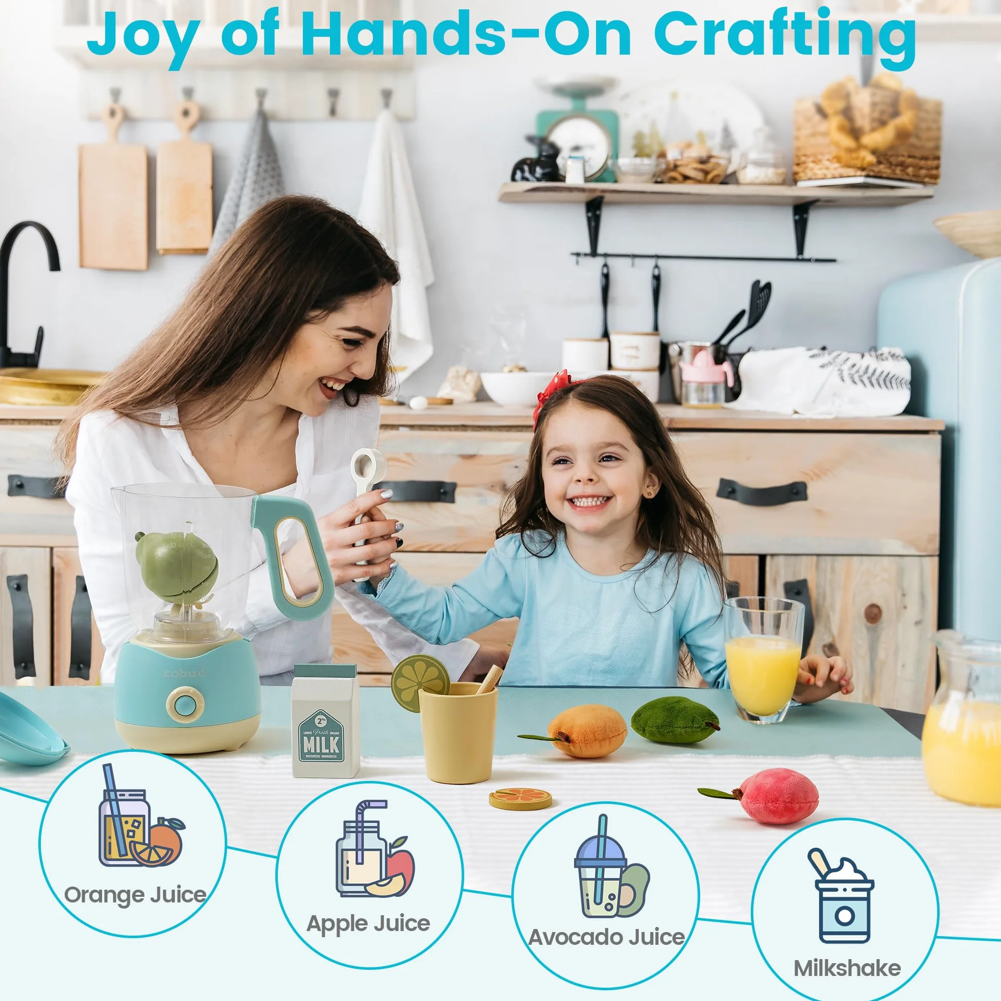 ROBUD Spremiagrumi giocattolo con luce e suono, accessorio da cucina con frutta, latte, bicchieri, adatto per bambini dai 3 anni in su