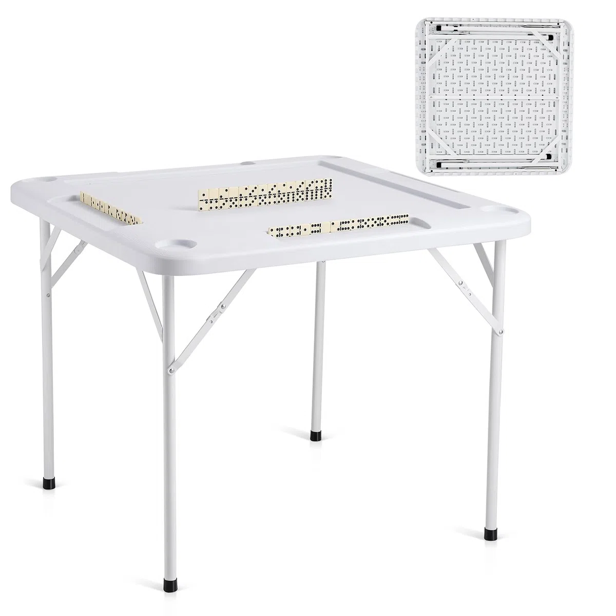 VEVOR Tavolo Mahjong Pieghevole Quadrato 4 Giocatori con Portabicchieri, 900 x 900 mm, Bianco