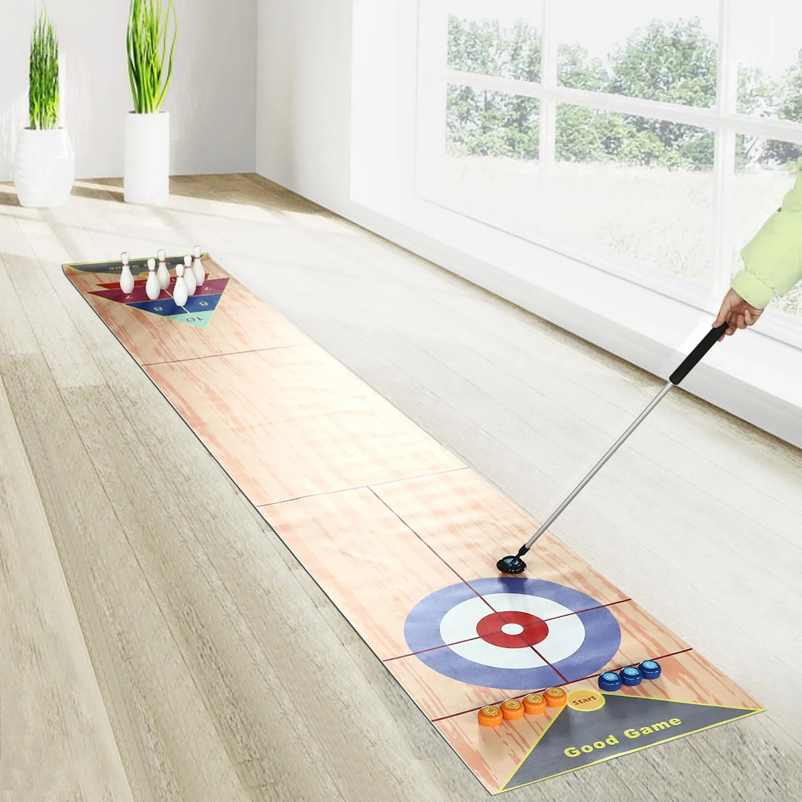 Gioco di quilling 3 in 1, 360 x 57 cm, portatile, gioco di birilli da tavolo, set di birilli da curling con 6 bowling e 2 putter per bambini, per feste di famiglia