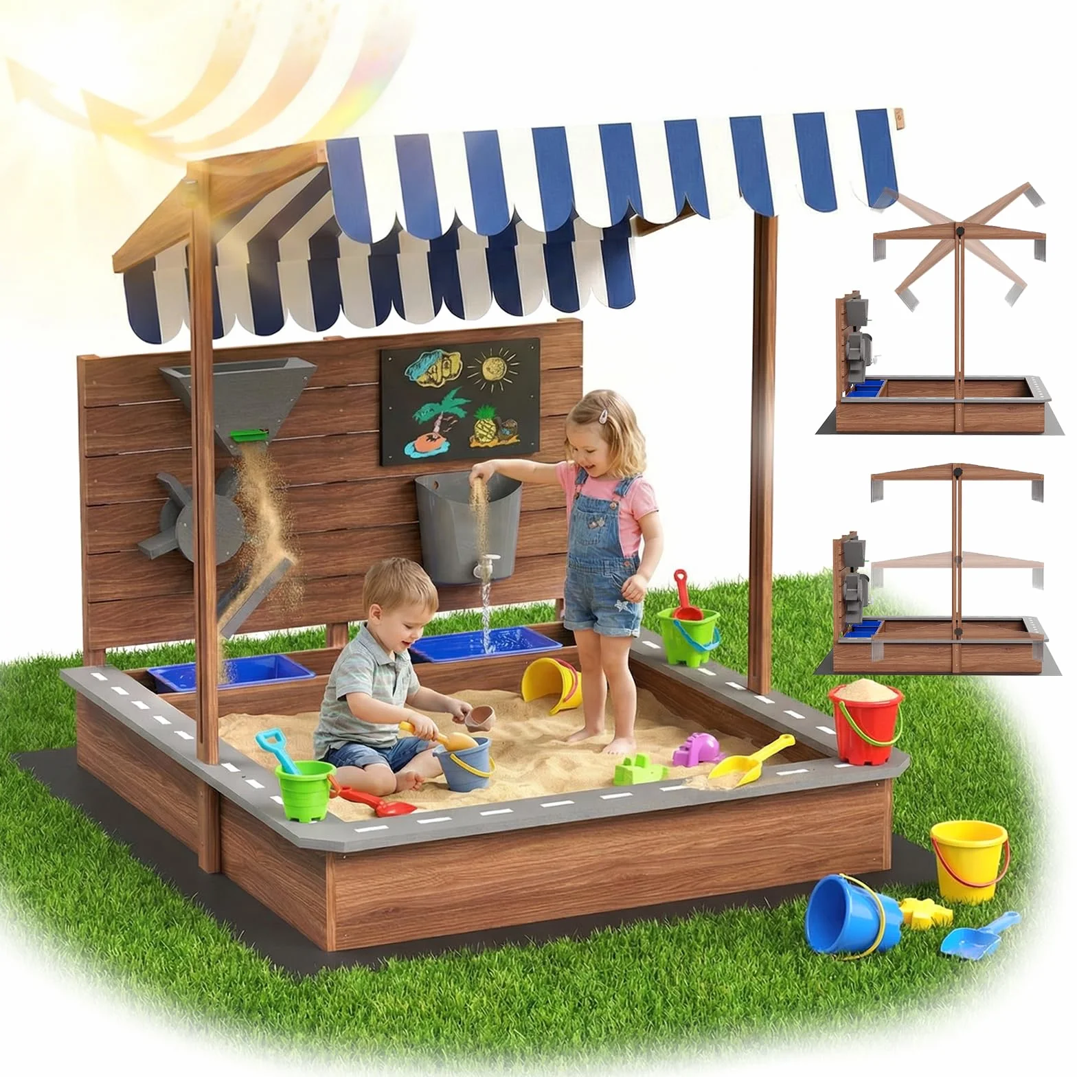 MAMIZO Sabbiere in Legno per Bambini 3-10 anni, Sandbox da Esterno Tetto Regolabile, Recinto di Sabbia con Lavagna, Rubinetto, 2 Bacinella, Playhouse per Giardini, Spiagge, Balconi, 100x111x105 CM
