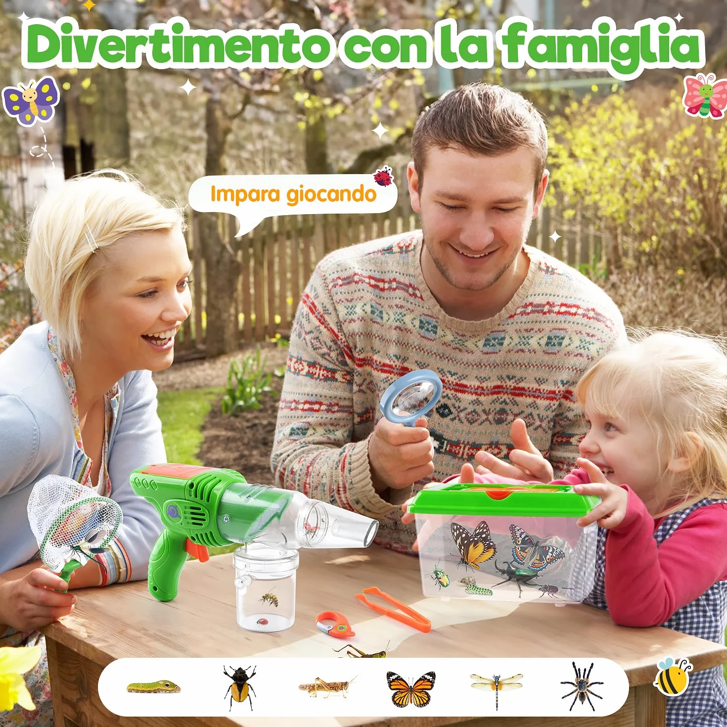 Kit Esploratore Bambini con Cattura Insetti, Scatola per Insetti, Rete di Farfalle, lenti d'ingrandimento, Pinzette, Portachiavi, Esplorazione Outdoor Giocattoli Regalo Set per Bambini da 3+ Anni