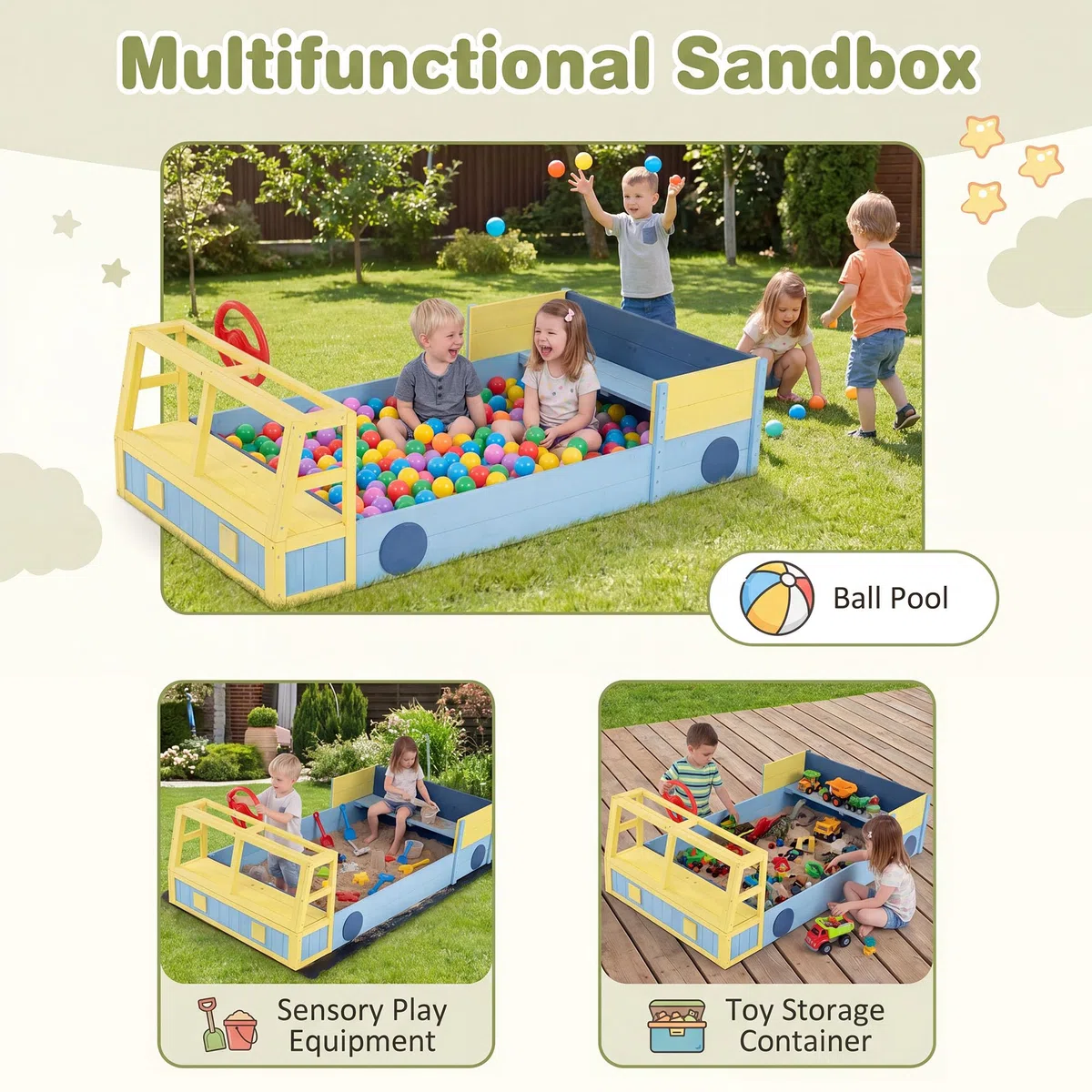 HOMASIS Sabbiera per Bambini a Forma di Camion dei Pompieri, Sabbiera da Esterno con Panca, Contenitore Portaoggetti Nascosto, Rivestimento, Sandbox per bambini 18+ Mesi, 170 x 100 x 48 cm