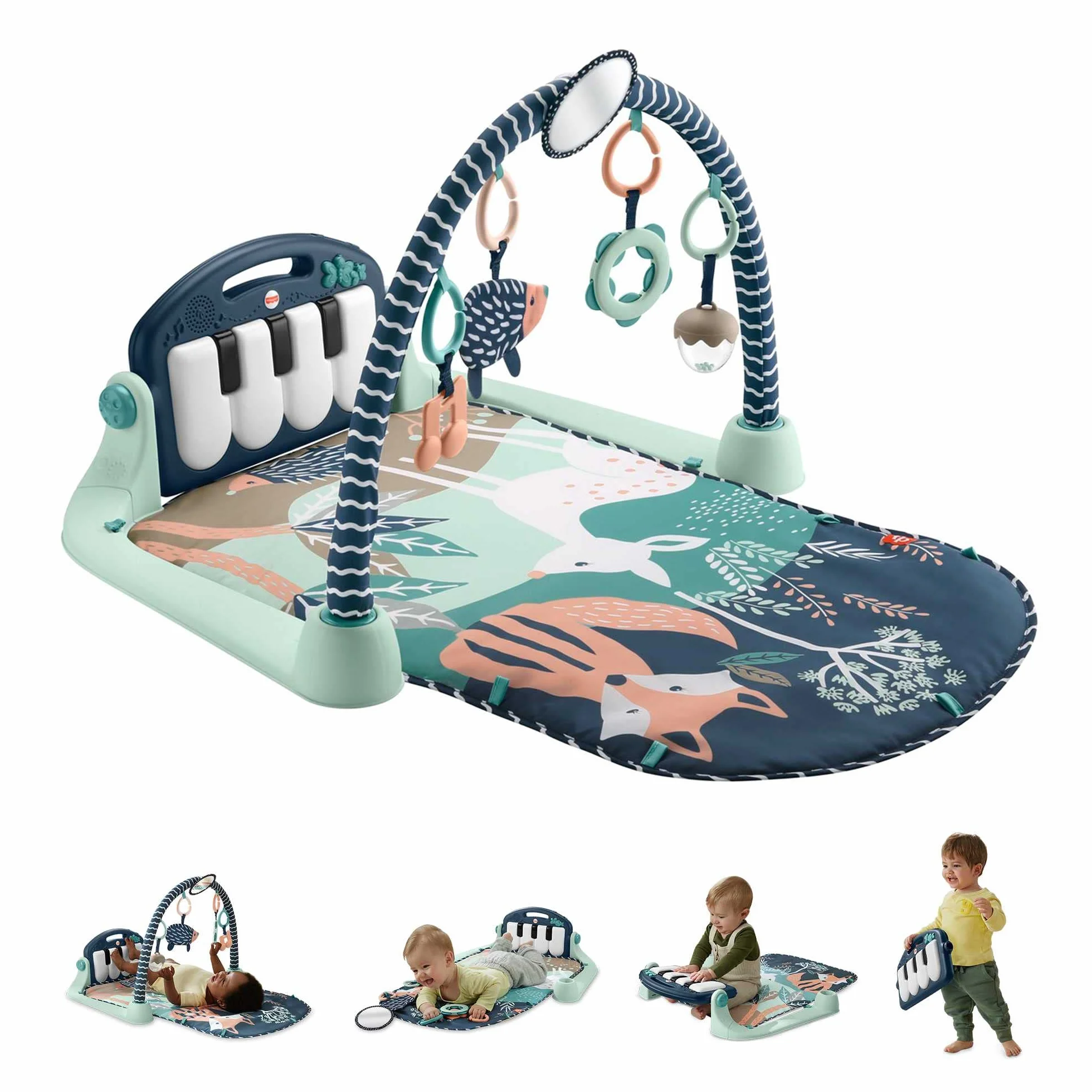 Fisher-Price - Palestrina Baby Piano 4 in 1, tappetino con pianoforte musicale e giocattoli per il gioco distesi sul pancino, cerbiatto blu [esclusiva Amazon], giocattolo per bambini 0+ Mesi, HKX37