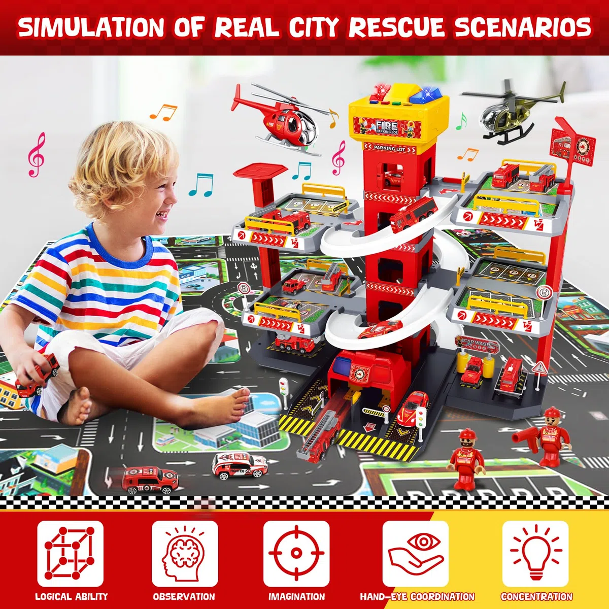 FORMIZON 5 Piani Parcheggio per Bambini dai 3 Ann, Parcheggio Macchinine con Garage, Ascensore, Rampe, Effetti Sonori e Luminosi, Garage Mmacchine per Bambini con 8 Autos e 3 Elicottero (Rosso)