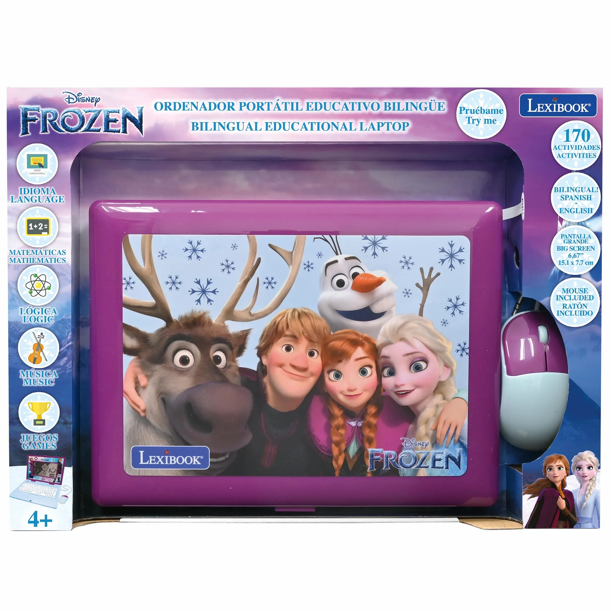 Lexibook, Frozen, Laptop bilingue ed educativo Spagnolo/Inglese, Giocattolo per Bambini, 170 attività da Imparare, Giocare e Musica, Schermo Grande, Viola/Blu, JC599FZi2