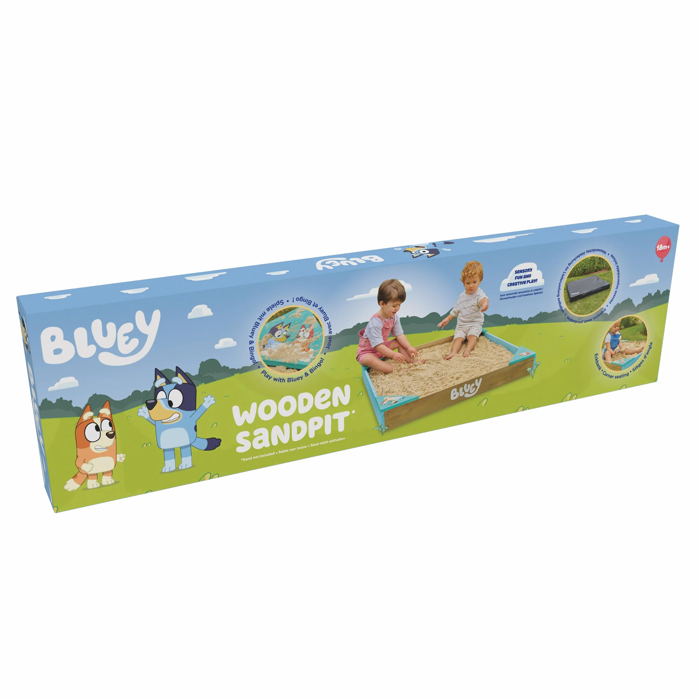 Bluey Sabbiera in legno con copertura, certificata FSC, per bambini, con sedili angolari, rivestimento poroso per acqua, copertura protettiva per giochi all'aperto, età 2+