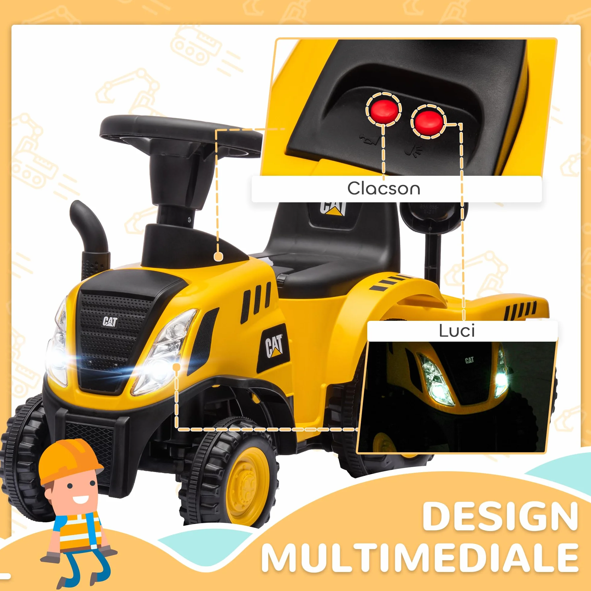 AIYAPLAY Camion Giocattolo per Bambini 12-36 Mesi con Pala e Rimorchio Integrati, Escavatore per Bambini Cavalcabile in PP e Metallo, 91x29x44 cm, Giallo